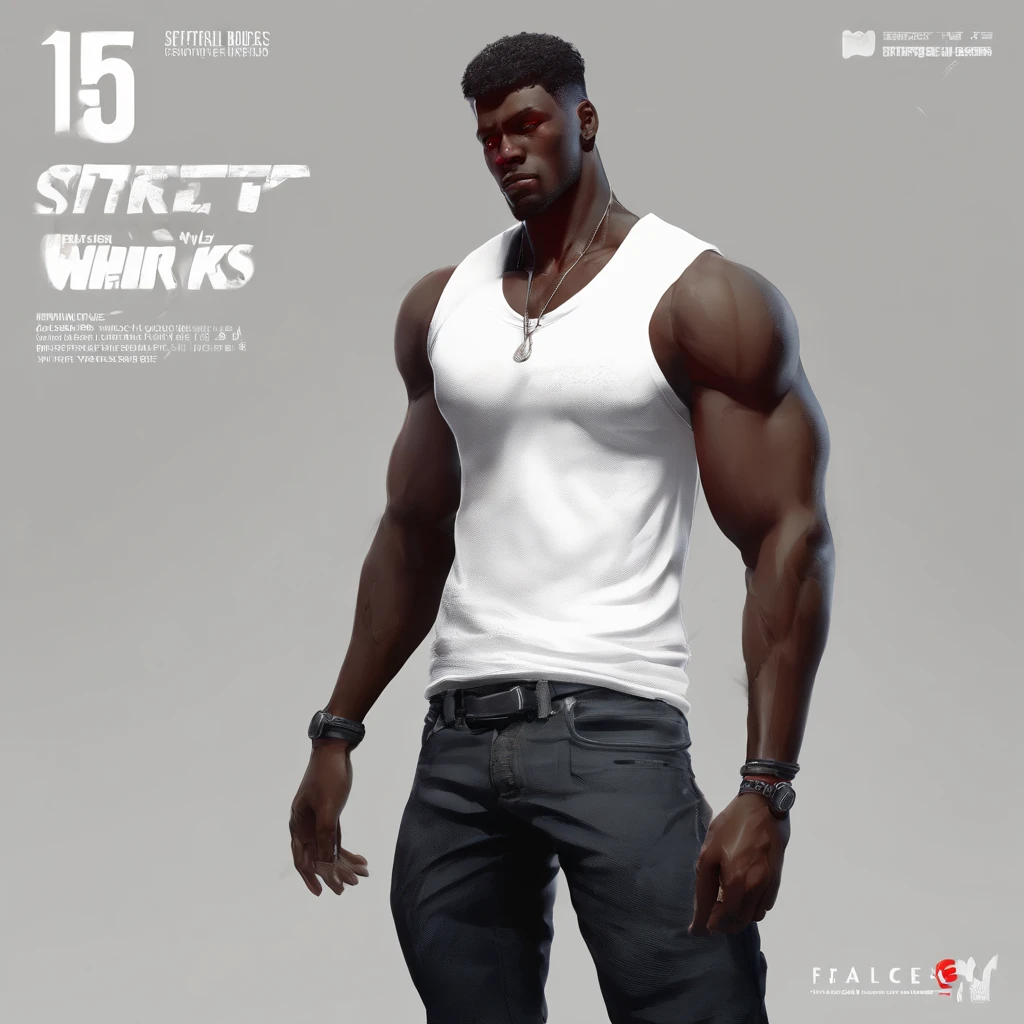 realistic style, masterpiece, best quality, 8k, artstation, sharp focus, ultrarealistic, high details,
black skinned, street thug, A black teenager, character, very tall, muscular, with short hair, brown eyes, he has disproportionately large and scarred arms. He has a burn mark in the left side of his face. He wears a white tank top, unzipped leather jacket, blue jeans, dark sneakers and a silver necklace. He crossing his arms and smirking(((black:1.5, red:1.1, white:1.3)))