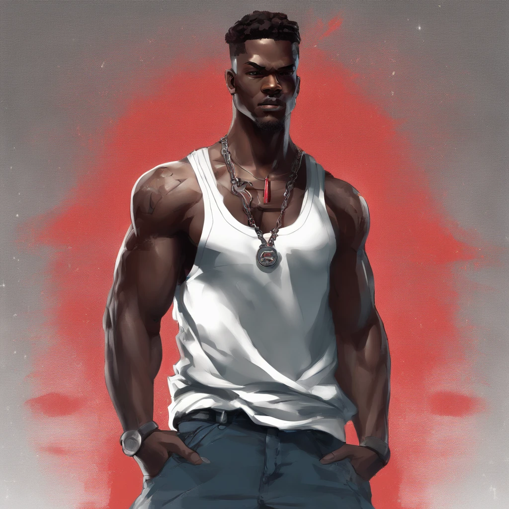 realistic style, masterpiece, best quality, 8k, artstation, sharp focus, ultrarealistic, high details, 
black skinned, street thug, A black teenager, character, very tall, muscular, with short hair, brown eyes, he has disproportionately large and scarred arms. He has a burn mark in the left side of his face. He wears a white tank top, unzipped leather jacket, blue jeans, dark sneakers and a silver necklace. He crossing his arms and smirking(((black:1.5, red:1.1, white:1.3)))