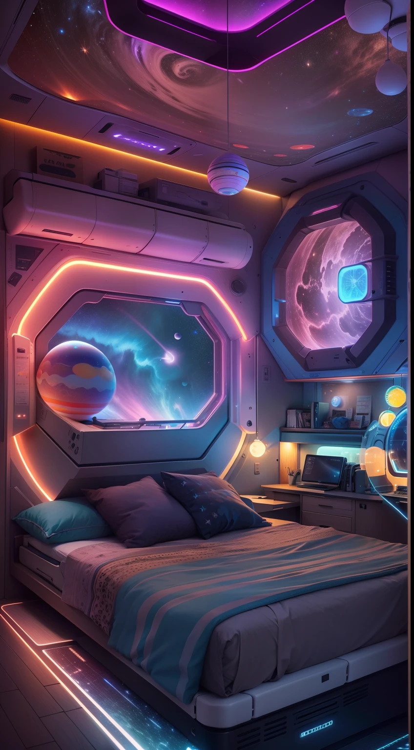 A vibrant bioluminescence colorful glow lit ((space ship escape pod bedroom)), with a highly detailed cozy and colorful space theme hacker-core aesthetic high tech closable door system visible, computer screens, fold out work desks inside the escape pod, hanging sleep sack station in place of bed, illuminated by the soft glow of a few scattered stars through port hole, spherical egg shape design, high contrast lighting 24k image resolution.