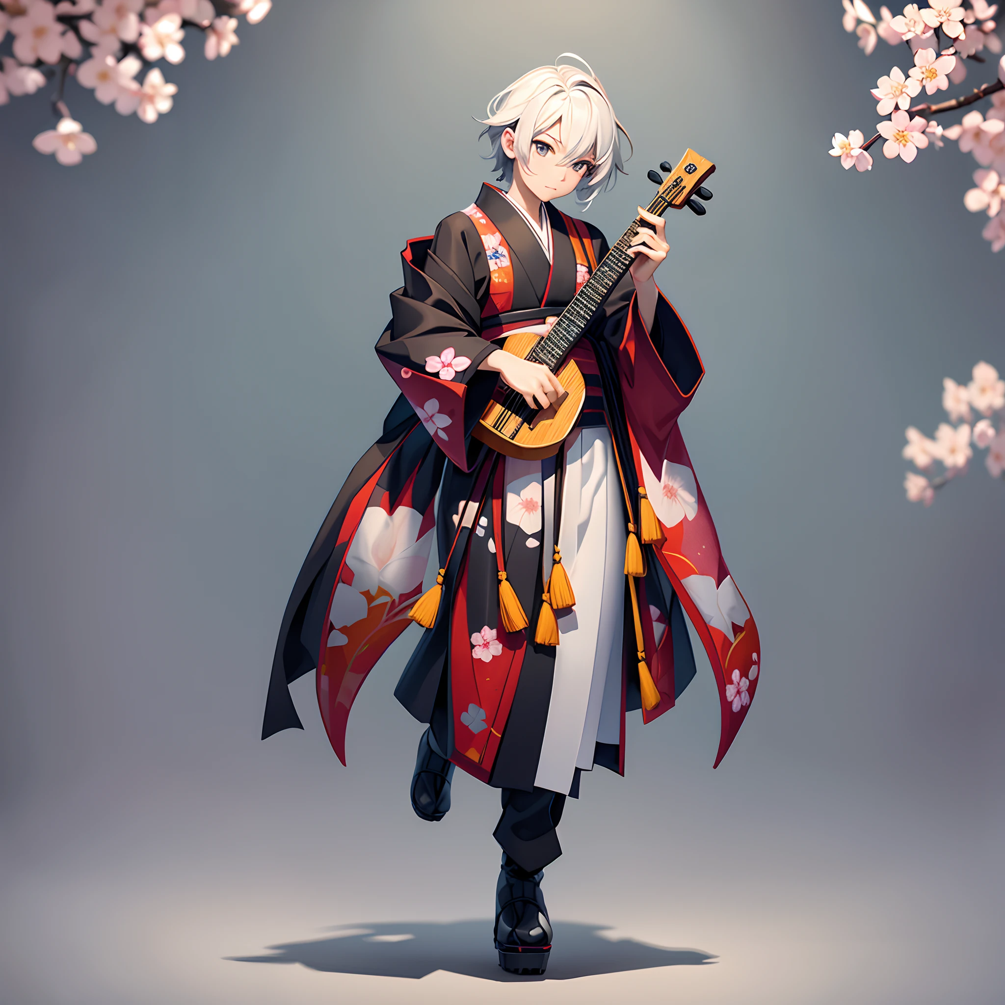 (((Shamisen player)))、Full body depiction、(No background)、Standing alone、((Young man wearing cherry blossom pattern and colorful colored kimono))、confident facial expression、(Veteran Hero)、The ultra -The high-definition、(Bewitching appearance)、Short-cut hair,Unkempt hairstyle、(Wearing tabi boots)