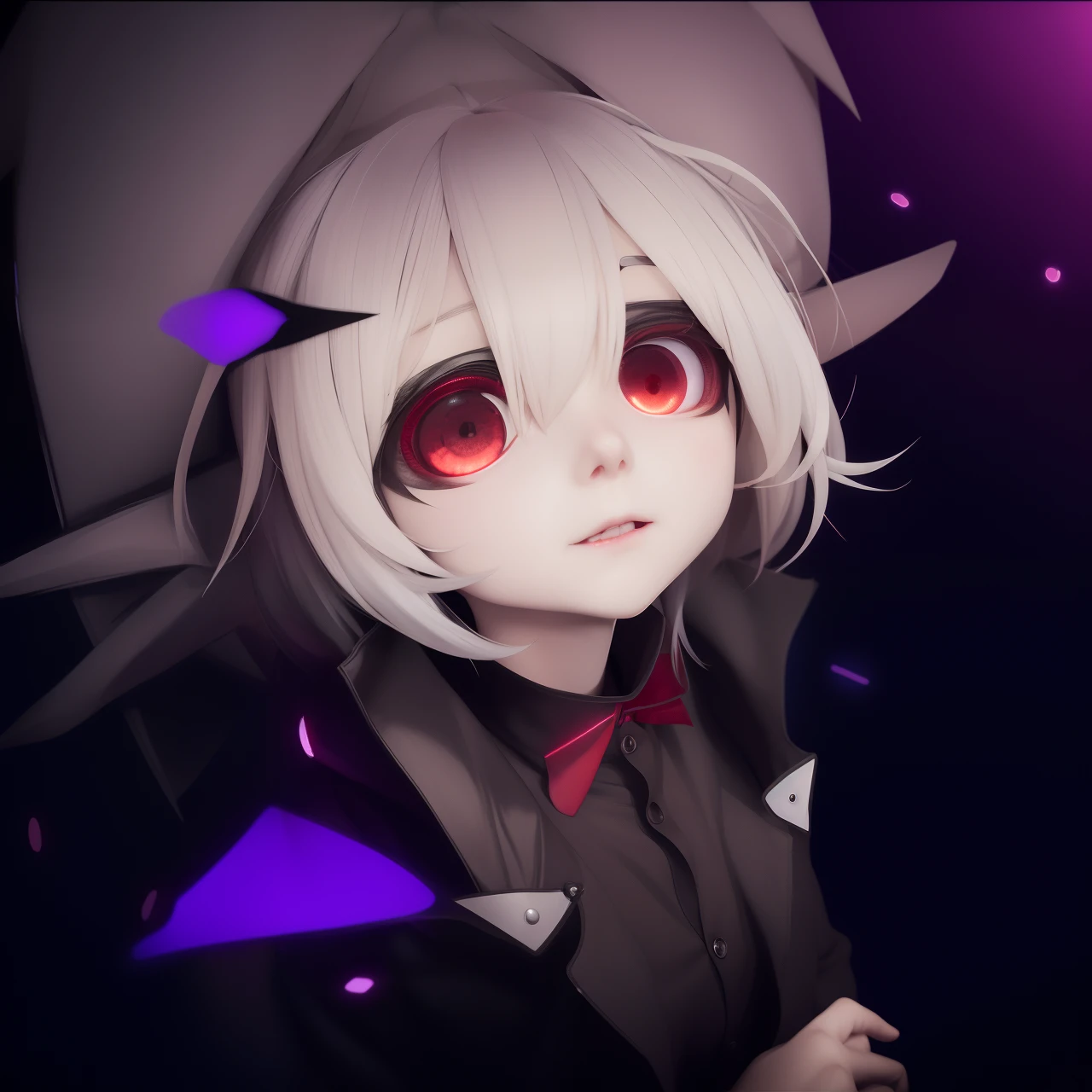 anime girl with red eyes and a black jacket, anime moe artstyle, with glowing eyes, gapmoe yandere grimdark, with huge luminous sad eyes, digital art from danganronpa, with red glowing eyes, with glowing red eyes, evil smile and glowing eyes, from arknights, glowing eyes everywhere, nightcore, gapmoe yandere