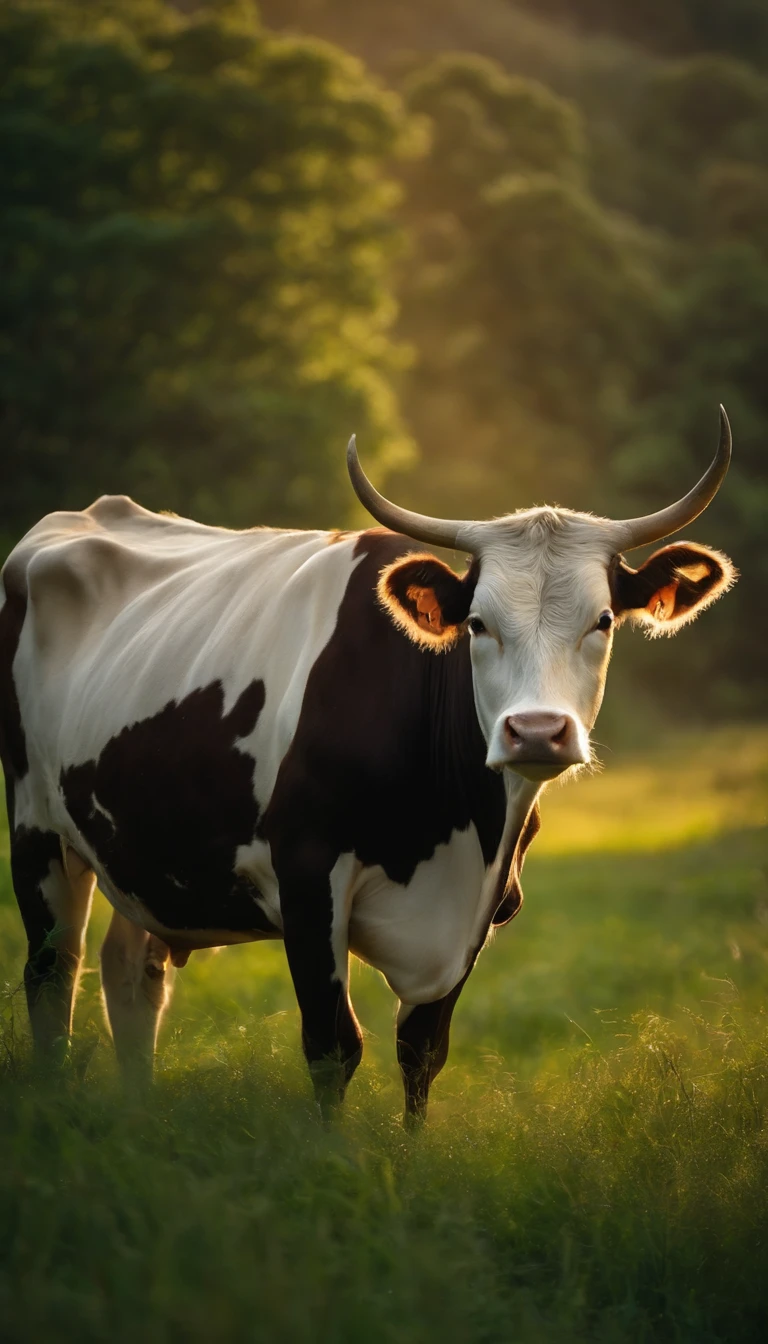 Cows in the zodiac,The horns are patterned,There is the aura of the Holy Spirit on his body,Surrounded by fairy mist,On green grass,strong,Standing tall,mito,fantasy,Very mysterious。Meadows in Wonderland,There are many fairy palaces