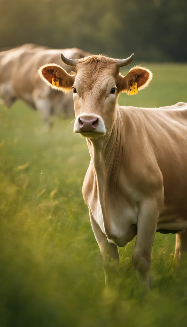 Cows in the zodiac,The horns are patterned,There is the aura of the Holy Spirit on his body,Surrounded by fairy mist,On green grass,strong,Standing tall,mito,fantasy,Very mysterious。Meadows in Wonderland,There are many fairy palaces