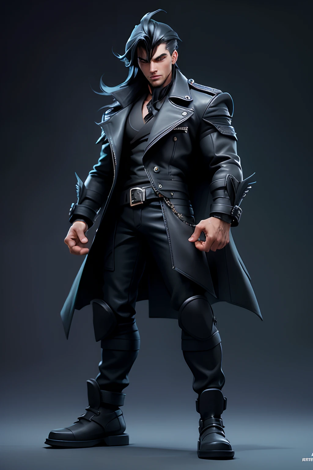 Brown skinned man, black hair with black mask, a black jacket and a navy blue overcoat with tattoos, black pants and boots with locks on the sole and a harpoon spear --auto --s2