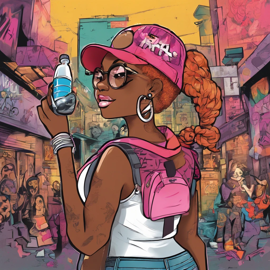 (best quality), big head, face happiness, (short girl with huge breasts:1.2) dark skinned girl in a punk outfit holding a spray can, in a graffiti street, from back, slightly chubby, two toned hair, beanie with a skull logo, wide hips, big butt, thick thighs, gyaru