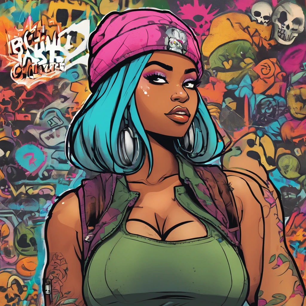 (best quality), big head, face happiness, (short girl with huge breasts:1.2) dark skinned girl in a punk outfit holding a spray can, in a graffiti street, from back, slightly chubby, two toned hair, beanie with a skull logo, wide hips, big butt, thick thighs, gyaru