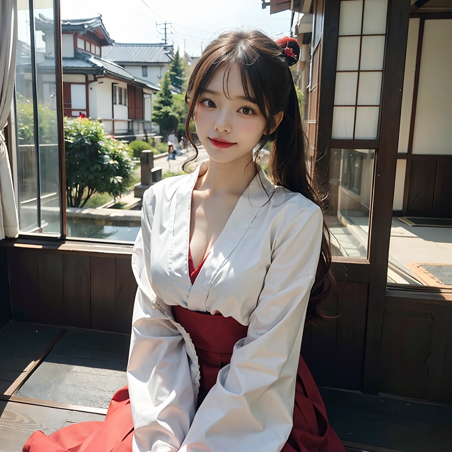 Woman in red skirt and white shirt is taking pictures, japanese girl school uniform, hakama kimono, Japan school uniform, Collar white and red, A Japanese style, Red kimono, Japanese style, traditional japanese, Wearing Hakama, japanese kimono,Outdoor background,The background is a shrine，No bra，feet visible ，You can see the valley ，cleavage of the breast ，Furisode ，Wide sleeves ，Wearing a priestess uniform ，Chest revealed ，The chest is visible ，japanes ，Natural smile