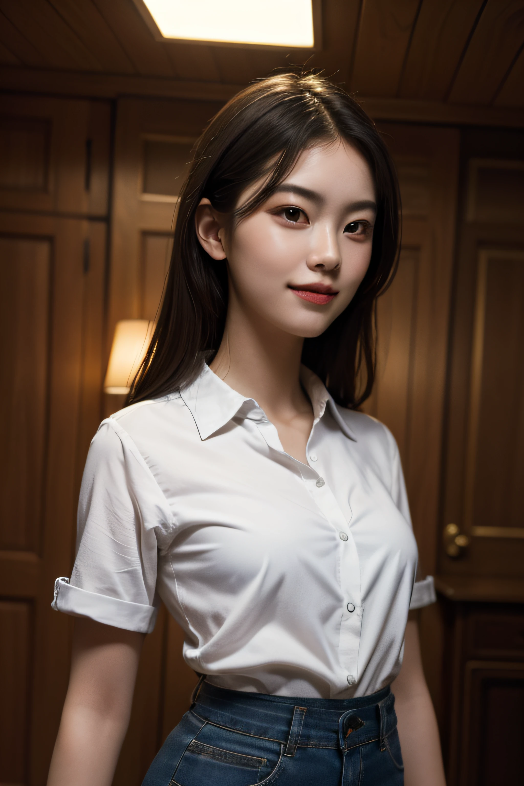 highest quality, masterpiece, (realistic:1.4), 1 girl, light smile, collared shirt, Upper body, dramatic lighting, from below,naked,No correction