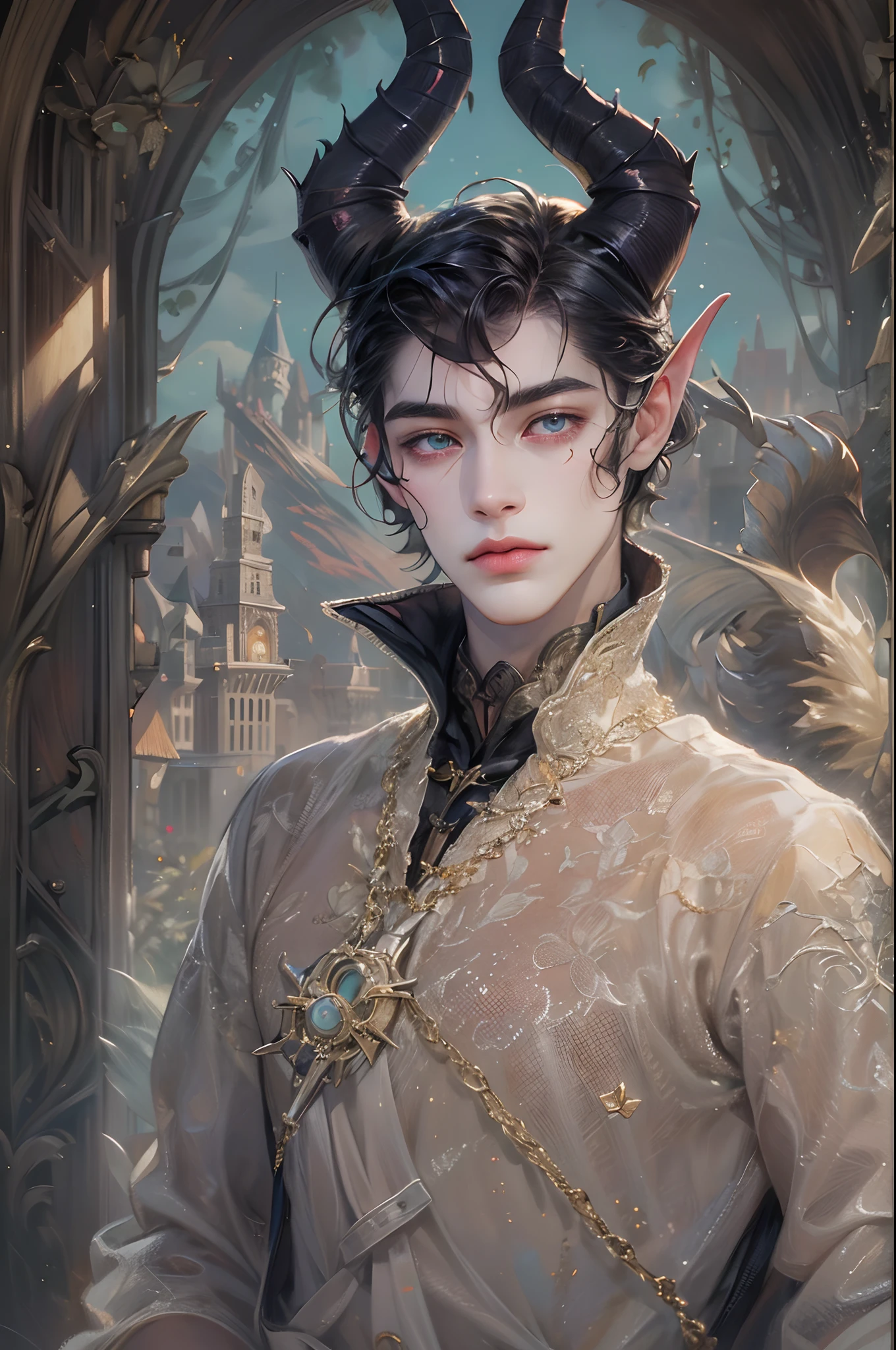 (absurdres, highres, ultra detailed, HDR), masterpiece, best quality, 1 boy , maleficent movie, boy character ,short hair, handsome face, anime eyes,detailed interior, detailed character