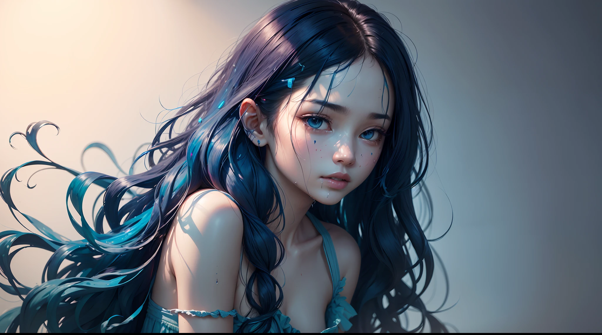 dripping paint, abstract, 1 girl, (((Masterpiece))), Best Quality, Ultra-detailed, 8K, wallpapers, extremely delicate and beautiful, hight resolution, Ray Tracing, better shadow, (Realistic, Photorealistic:1.37), Professional lighting, Photon mapping, radiosity, physical based rendering, IncrsXLRanni, Wavy Hair, (blue skin:1.3), Cracked skin, extra arms, Additional persons, little chest
