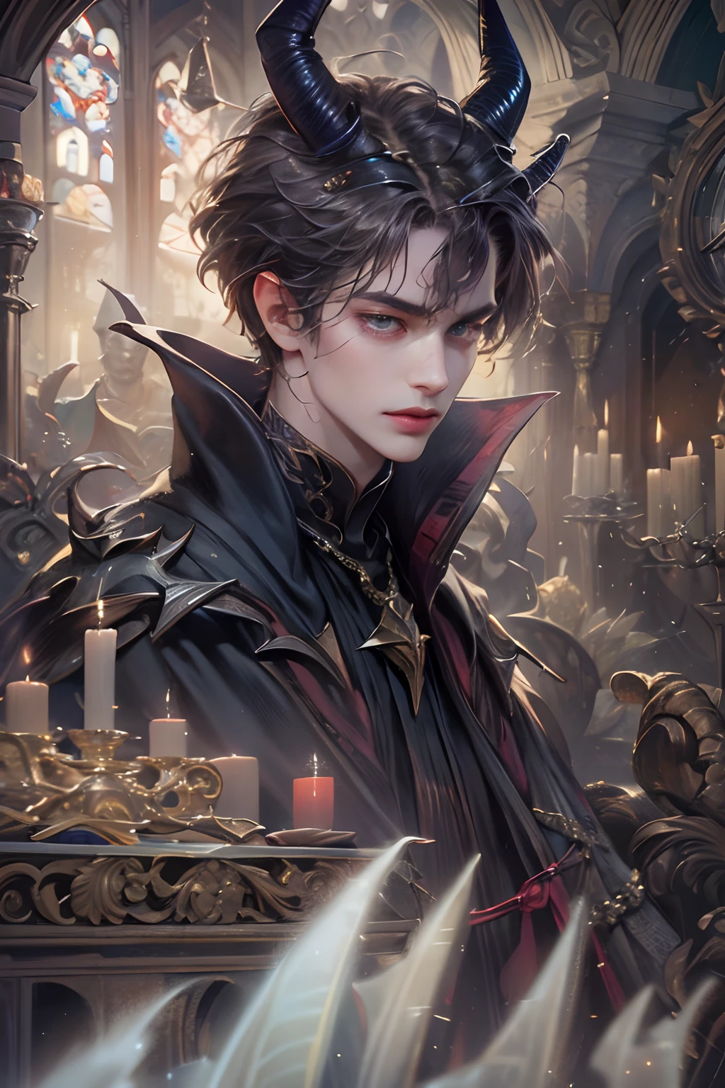 (absurdres, highres, ultra detailed, HDR), masterpiece, best quality, 1 boy , maleficent movie, boy character ,short hair, handsome face, anime eyes,detailed interior, detailed character