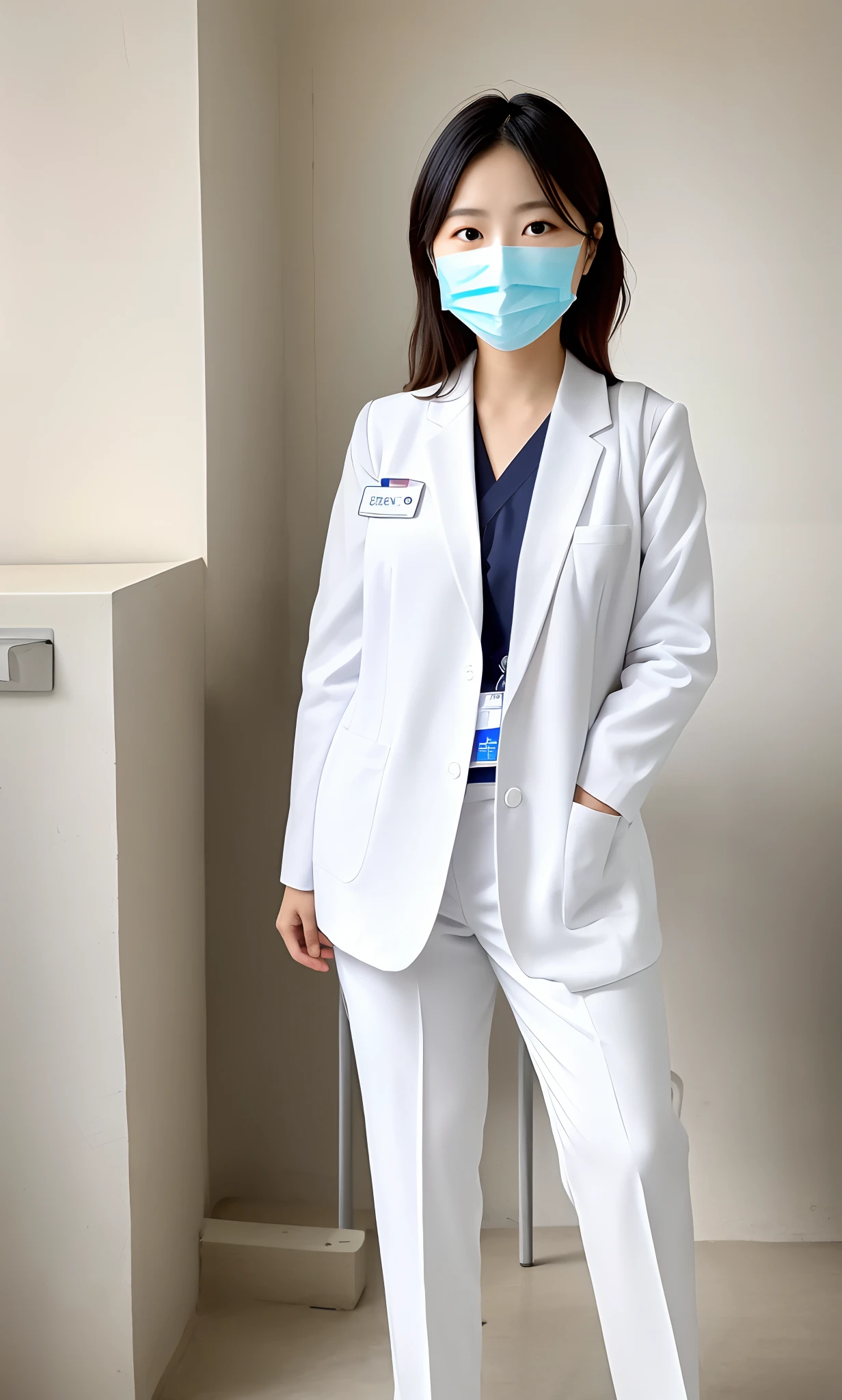 Woman in white frosted suit wearing mask, wearing white nurse uniform, healthcare worker, Wear a nurse's uniform in the hospital, Sit tight,(((Stand in the waiting room, Stand dignified))),Portrait of a nurse, Beautiful nurse, resting after a hard mission, BREAK BREAK BREAK, The woman was standing, doctor, resting after a hard fight,messy shortt hair,Messy hair,Rounded and well-proportioned legs,Smooth black stockings:1.5,Stiletto sandals:1.2,Glowing white tender toes,((Stand dignified:1.5)),fully body photo
