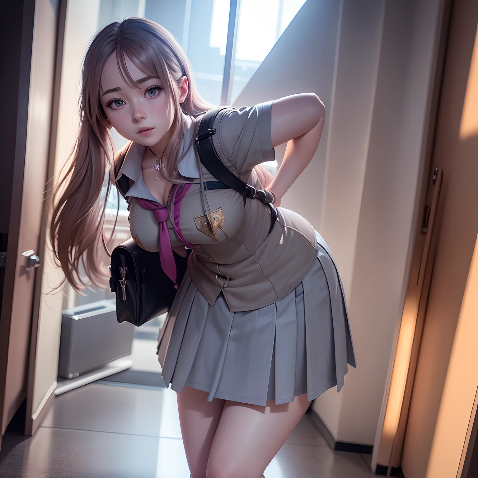 A captivating female anime character with a blissful expression, dressed in a school uniform, posed in a full body stance with ultra-detailed 3D rendering and a shimmering texture in ultra HD 8K hyper-realistic photo-realism.