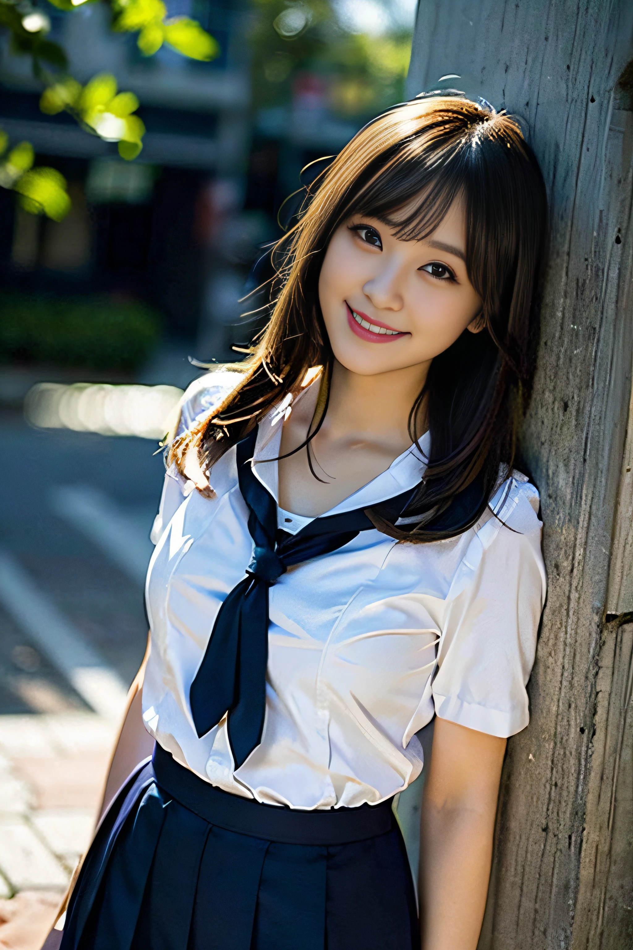 (8K、Raw photography、top-quality、masterpiece:1.2)、(realisitic、Photorealsitic:1.37)、ultra-detailliert、超A high resolution、女の子1人、see the beholder、beautifull detailed face、A smile、Constriction、(Slim waist) :1.3)、Beautiful detailed skin、Skin Texture、Floating hair、Professional Lighting、Whole human body、Longhaire、a blond、japanese hight school uniform、hi-school girl、a sailor suit、Bob Hair、University、Happy smile、E Cup Breast、15yo student、Dark blue skirt、white thighhig、cleavage of the breast、The collar of the shirt is open.