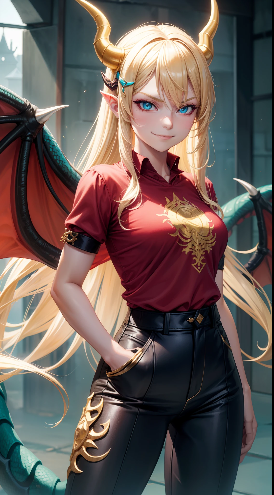 young girl, longue blonde hair, barrette, turquoise eyes, dragon tattoo, dragon horns, Red tight shirt, Gold Elements, pants, open thighs, claws, smirk, Masterpiece, hiquality, 4k, HD, Good detail