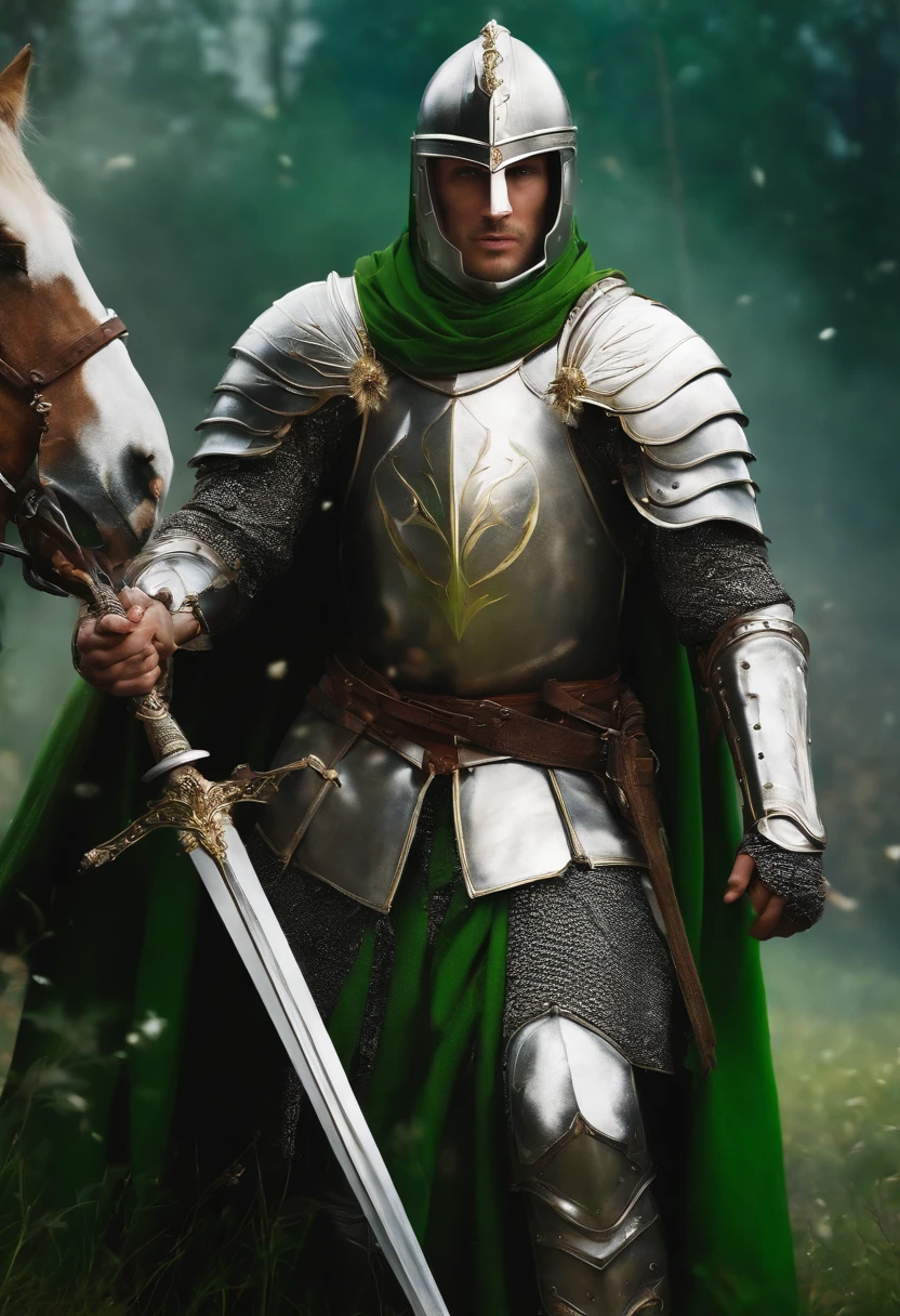 "Royal Knight with a majestic aura, Adorned with shimmering pure white armor, Wielding the legendary mace in his right hand,Holding a large shield in his left hand, Towering in the midst of medieval battlefields,Wearing a green aura,Banners and rays of light fluttering in the wind illuminate the scene."