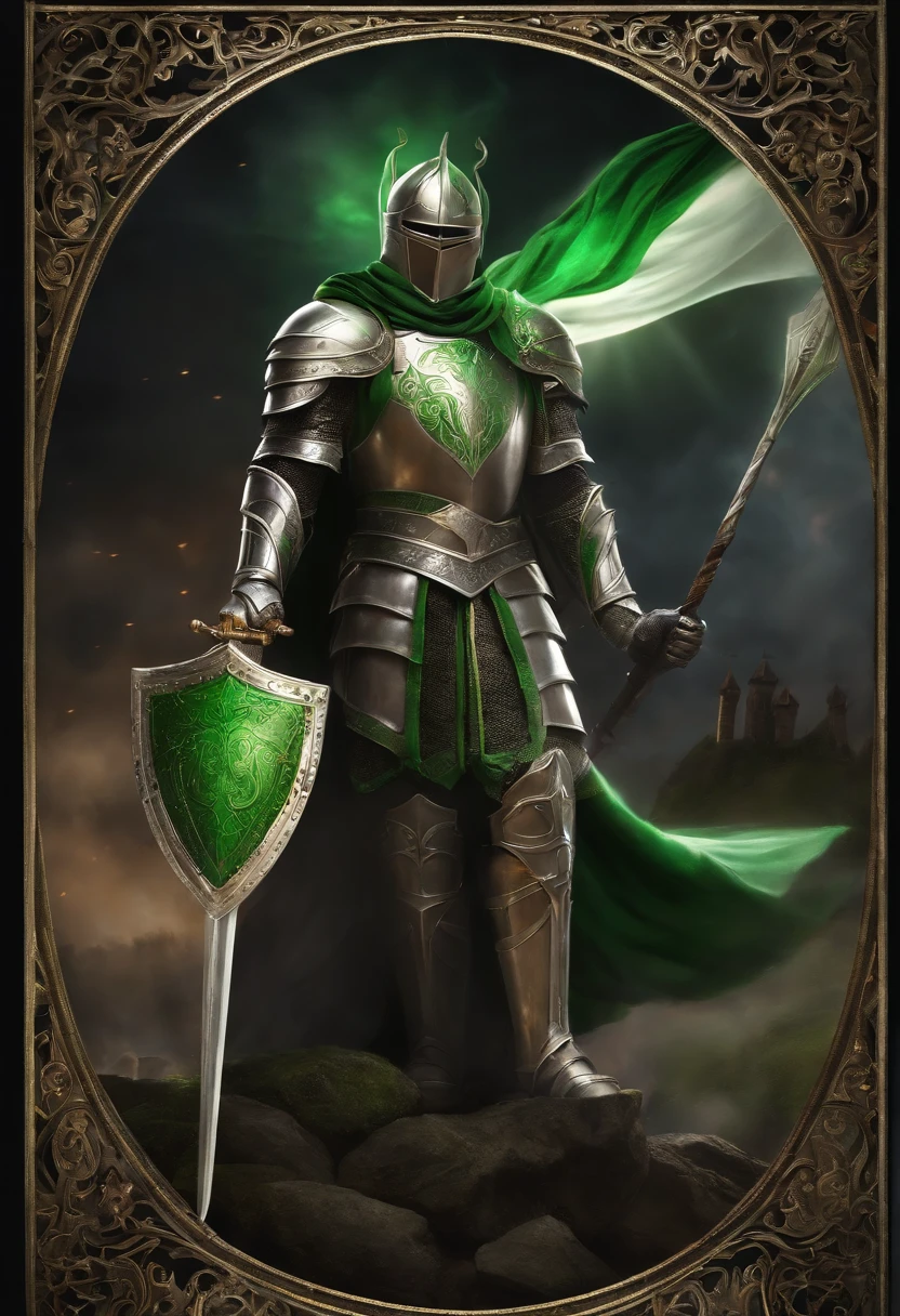 "Royal Knight with a majestic aura, Adorned with shimmering pure white armor, Wielding the legendary mace in his right hand,Holding a large shield in his left hand, Towering in the midst of medieval battlefields,Wearing a green aura,Banners and rays of light fluttering in the wind illuminate the scene."