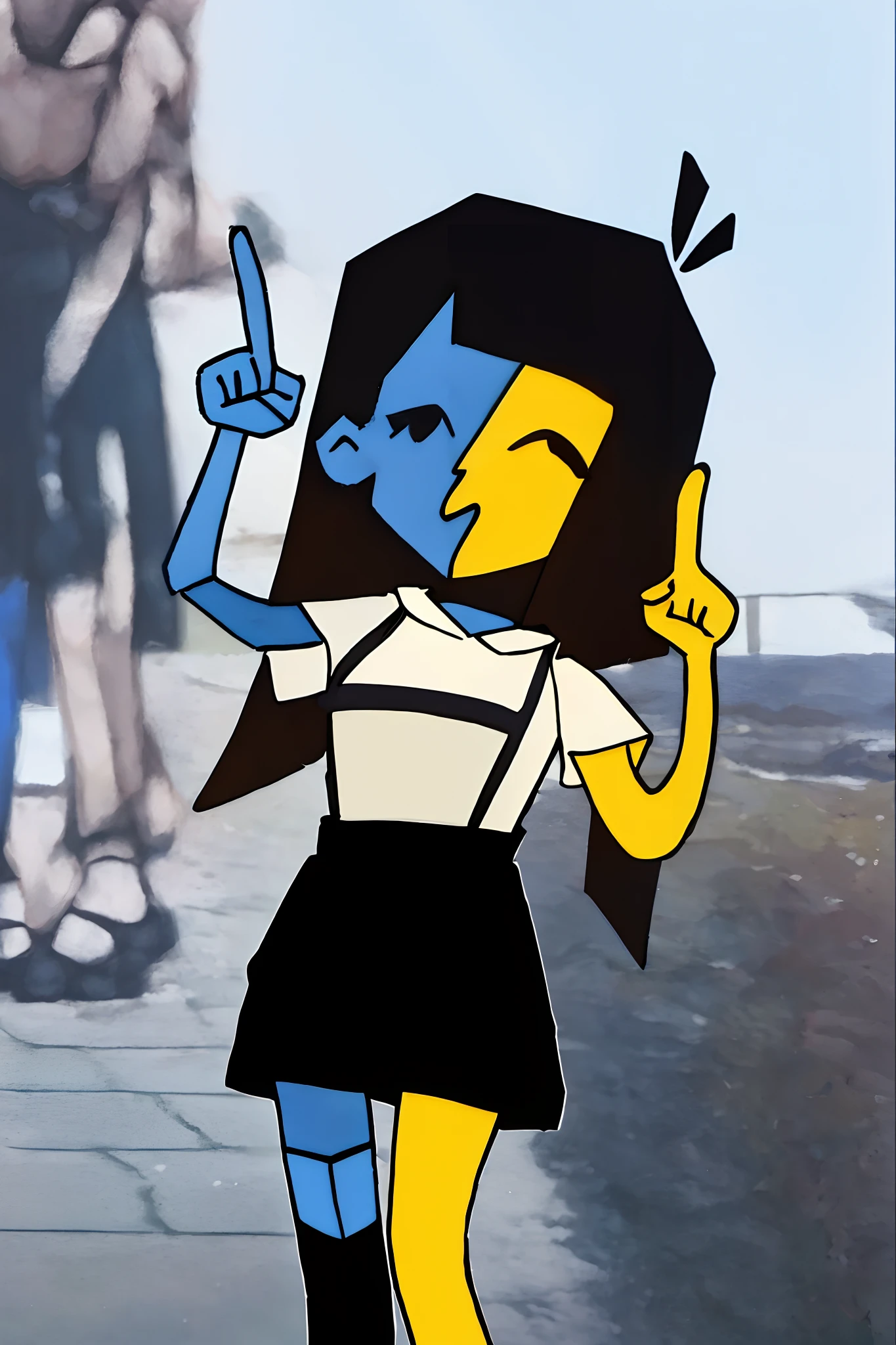 ENA (Joel G), split color body (blue on right, yellow on left), white t-shirt, black skirt with overall straps, 1girl, black eyes, black socks (thigh-high on right, ankle on left), black shoes, grain effect on hair, perfect anatomy, solo, better hands, internet yamero, open mouth, finger raised, ^ ^, closed eyes, simple background