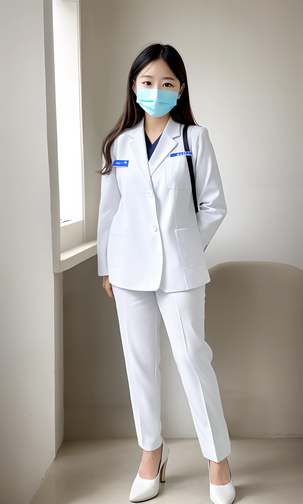 Woman in white frosted suit wearing mask, wearing white nurse uniform, healthcare worker, Wear a nurse's uniform in the hospital, Sit tight,（（（Stand in the waiting room,  Stand dignified））），Portrait of a nurse, Beautiful nurse， resting after a hard mission, BREAK BREAK BREAK, The woman was standing, doctor, resting after a hard fight，messy shortt hair，Messy hair，Rounded and well-proportioned legs，Smooth black stockings:1.5，Stiletto sandals:1.2，Glowing white tender toes，（（Stand dignified:1.5）），fully body photo
