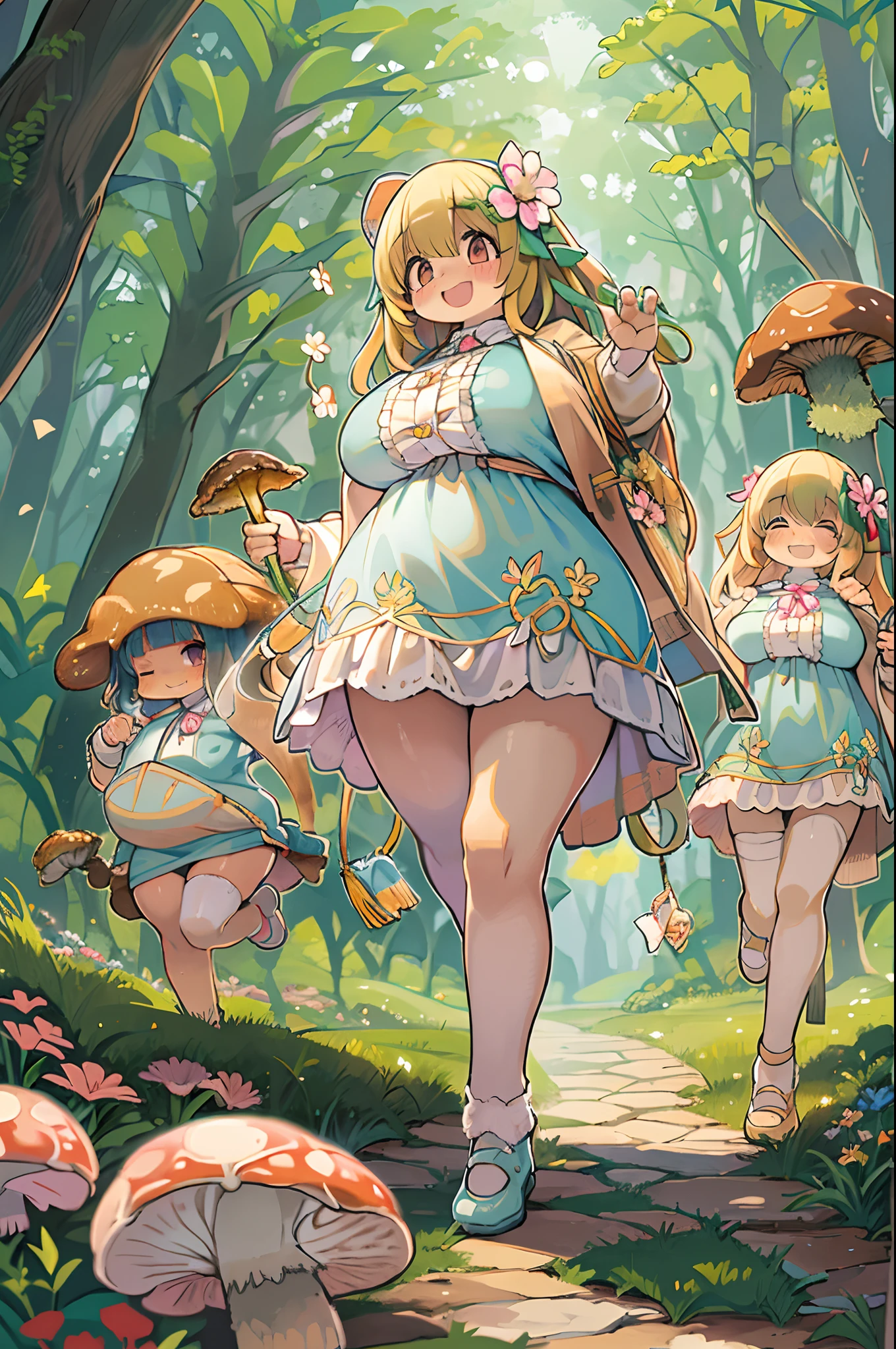 eyesight, (Three Lolitas: 2) Stable diffusion is the best image quality, morning sunlight, Spring landscape, Dew and flowers, flying hair, Live in a fairytale dreamland with mushrooms, trip, Running, and laughing. forest pathway,huge-breasted、bbw,Large Thigh