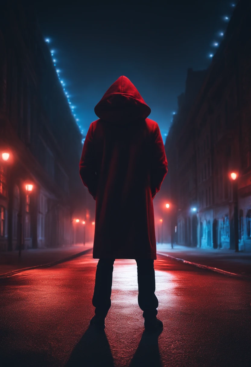 Man wearing hoodie , night theme , standing alone in a lonely street , with red and blue light , 4k realistic image, no buildings , only trees