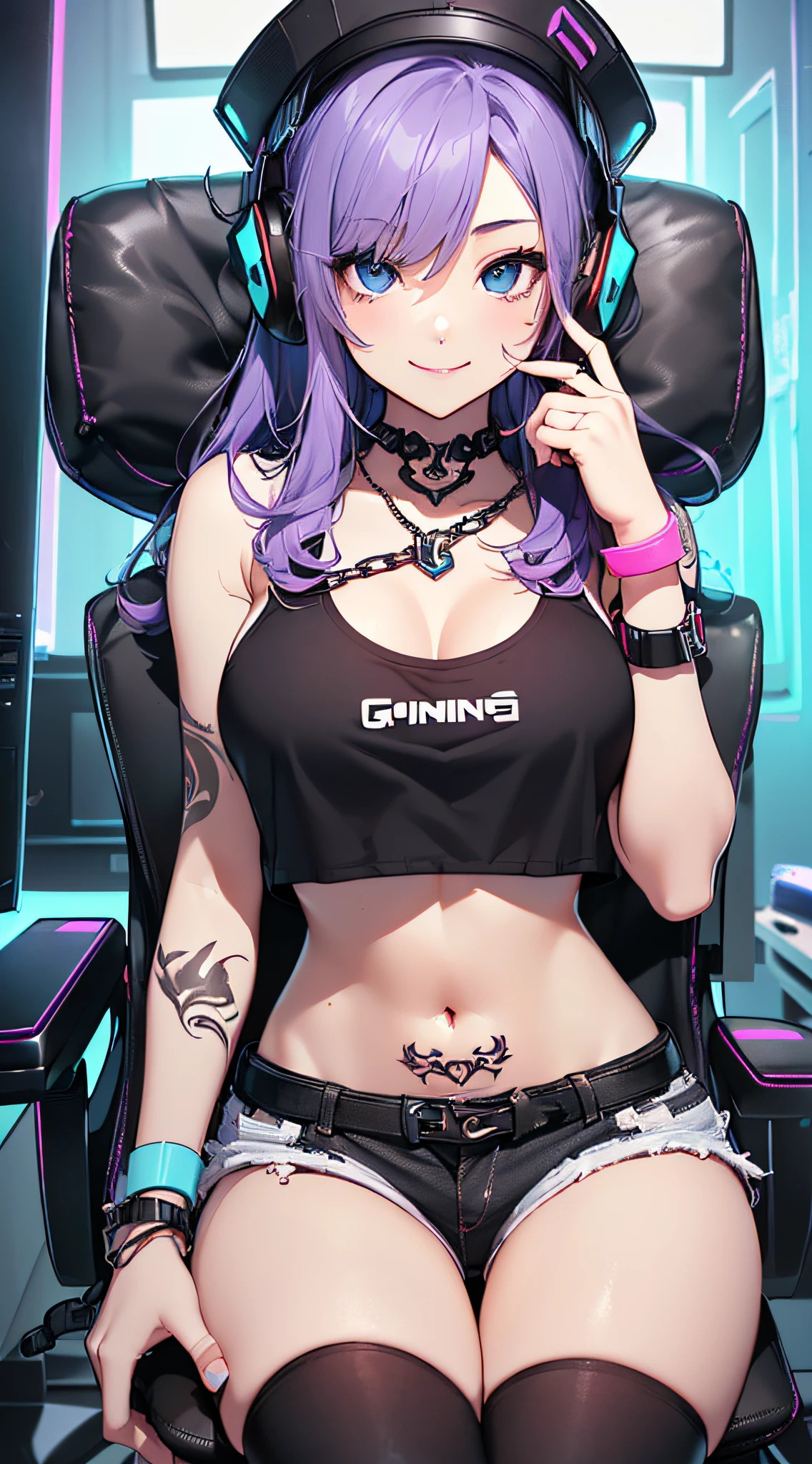 highest qualityr、Calidad de imagen superior、obra maestra、girl with((25-years old、Sombrero fresco、Tatuaje en el hombro derecho、sin camisa, bragas color rojas、Mejor busto、Busto 85、purple hair、Longhaire、ojos azules、Pecho abierto de par en par、felicidad、Accesorios de cadena、Black bracelet on the wrist、Un esbelto、una sonrisa、Tener un controlador、Fotos sexys、Auriculares para juegos、Pose a cuatro patas)）HiQuality、Arte visual、Estilo de portada de revista、Antecedentes con((Neon color room、PC para juegos、Mesa de juegos、Silla gaming、Cama de juego、Consola de juegos、Ambiente de noche))、Masutepiece、profundidad(ciber)