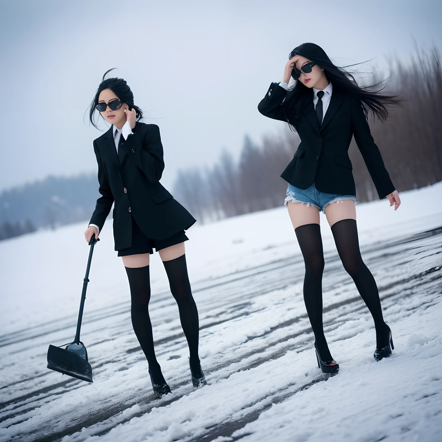 A Japanese Lady、beauitful face、Black sunglasses、Long Black Hair、black suits、Micro shorts、beauty legs、Raw feet、tall、long legged、knee high stockings、pin heels、arms in arms、Oyuki、snow blowing、snow cover、heavy wind、Wind-tousled hair、Visibility is poor due to heavy snow