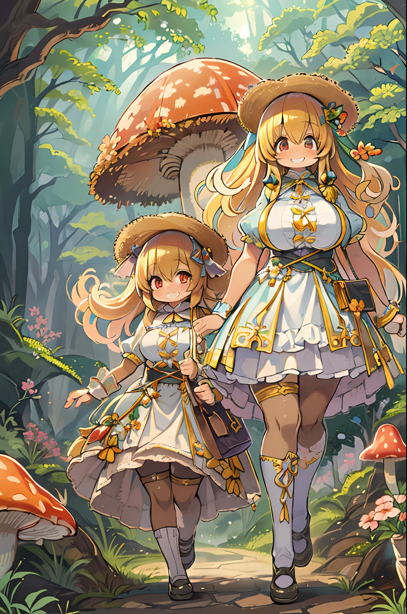 eyesight, (Three Lolitas: 2) Stable diffusion is the best image quality, morning sunlight, Spring landscape, Dew and flowers, flying hair, Live in a fairytale dreamland with mushrooms, trip, Running, and laughing. forest pathway,huge-breasted、bbw,Large Thigh