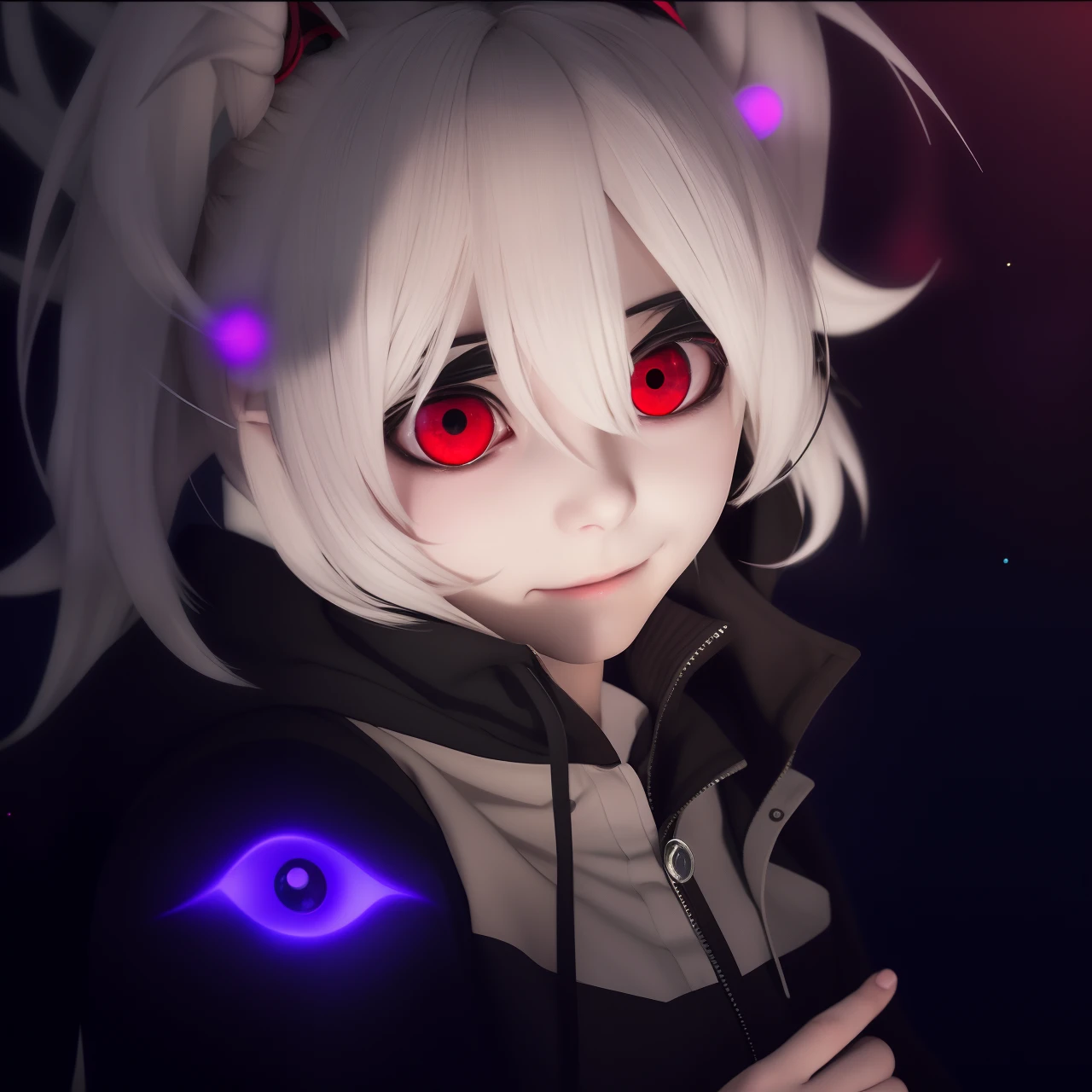 anime girl with red eyes and a black jacket, anime moe artstyle, with glowing eyes, gapmoe yandere grimdark, with huge luminous sad eyes, digital art from danganronpa, with red glowing eyes, with glowing red eyes, evil smile and glowing eyes, from arknights, glowing eyes everywhere, nightcore, gapmoe yandere