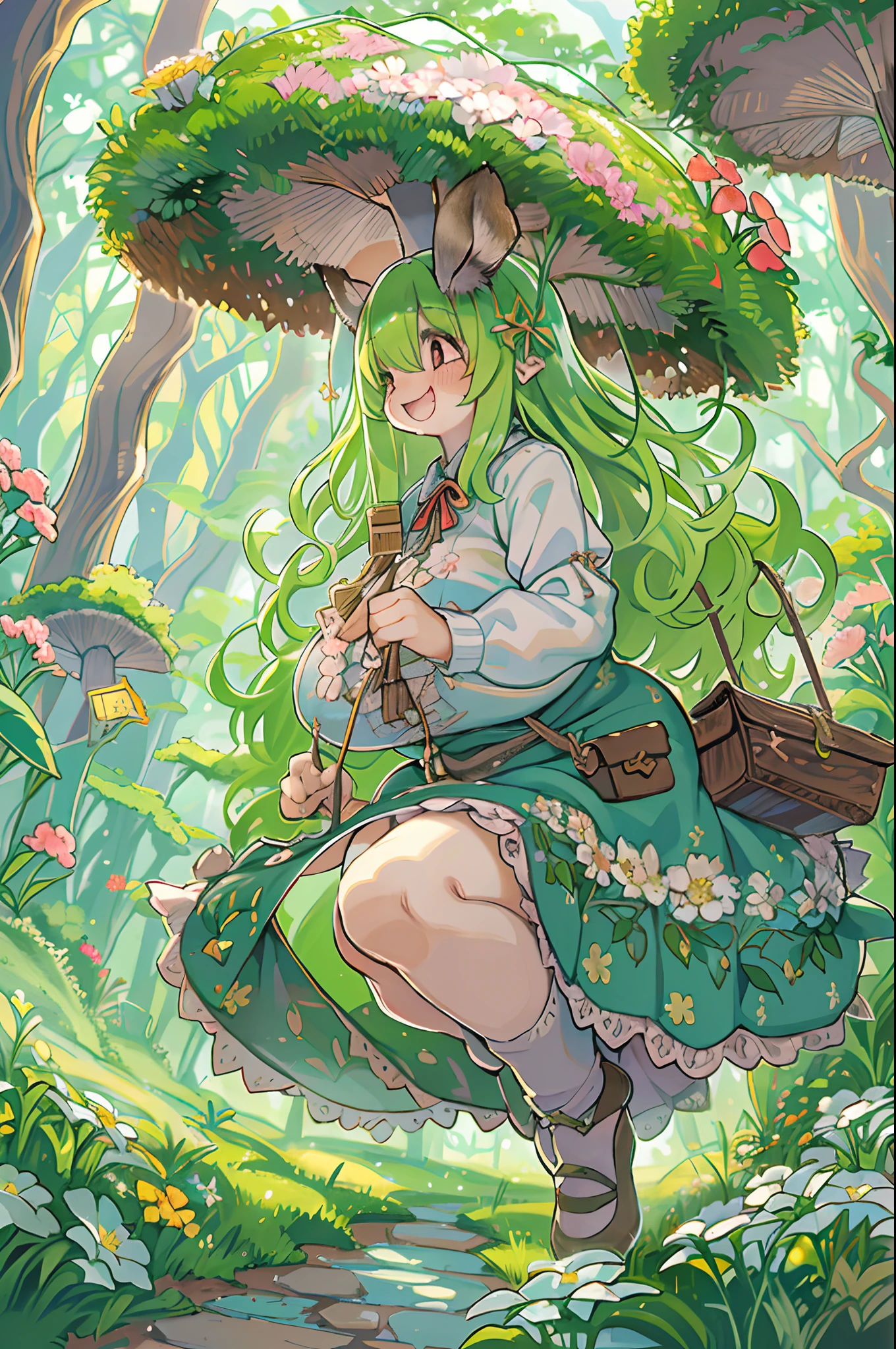 eyesight, (Three Lolitas: 2) Stable diffusion is the best image quality, morning sunlight, Spring landscape, Dew and flowers, flying hair, Live in a fairytale dreamland with mushrooms, trip, Running, and laughing. forest pathway,huge-breasted、bbw,Large Thigh