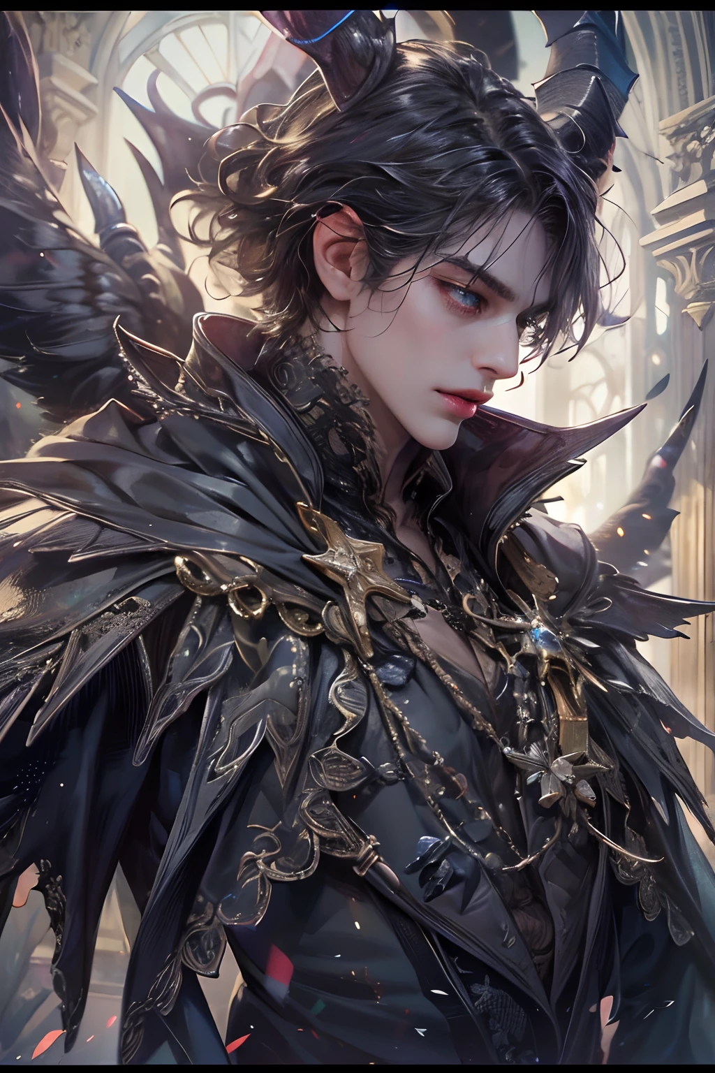 (absurdres, highres, ultra detailed, HDR), masterpiece, best quality, 1 boy , maleficent movie, boy character ,short hair, handsome face, anime eyes,detailed interior, detailed character