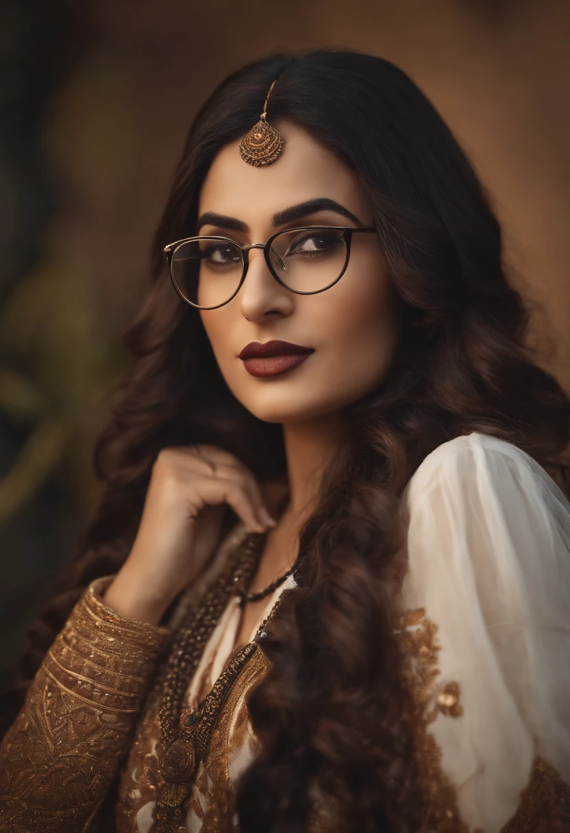 araffe woman with glasses and a necklace posing for a picture, thick round spectacles, inspired by Riza Abbasi, inspired by Ambreen Butt, by Riza Abbasi, kyza saleem, faridah malik, mahira khan as a d&d wizard, captured on canon eos r 6, shaded, maya ali sorceress, mid shot portrait