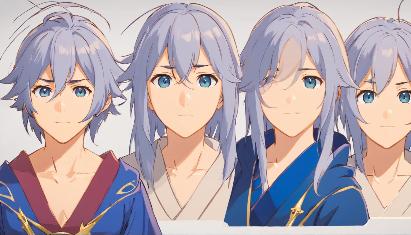 a detailed model sheet for a fantasy character. The character is a young wizard. He has long, silver hair that shimmers like the full moon, deep blue eyes, and a dark blue velvet robe with golden embroidery. He carries a magical staff with engraved runes and has a birthmark in the shape of a star on the left side of his face. The character is tall and slender, with an air of wisdom and power. include various full body poses, facial expressions, and costume details. Ensure that the style is consistent and impressive, as this will be the central character in our comic book