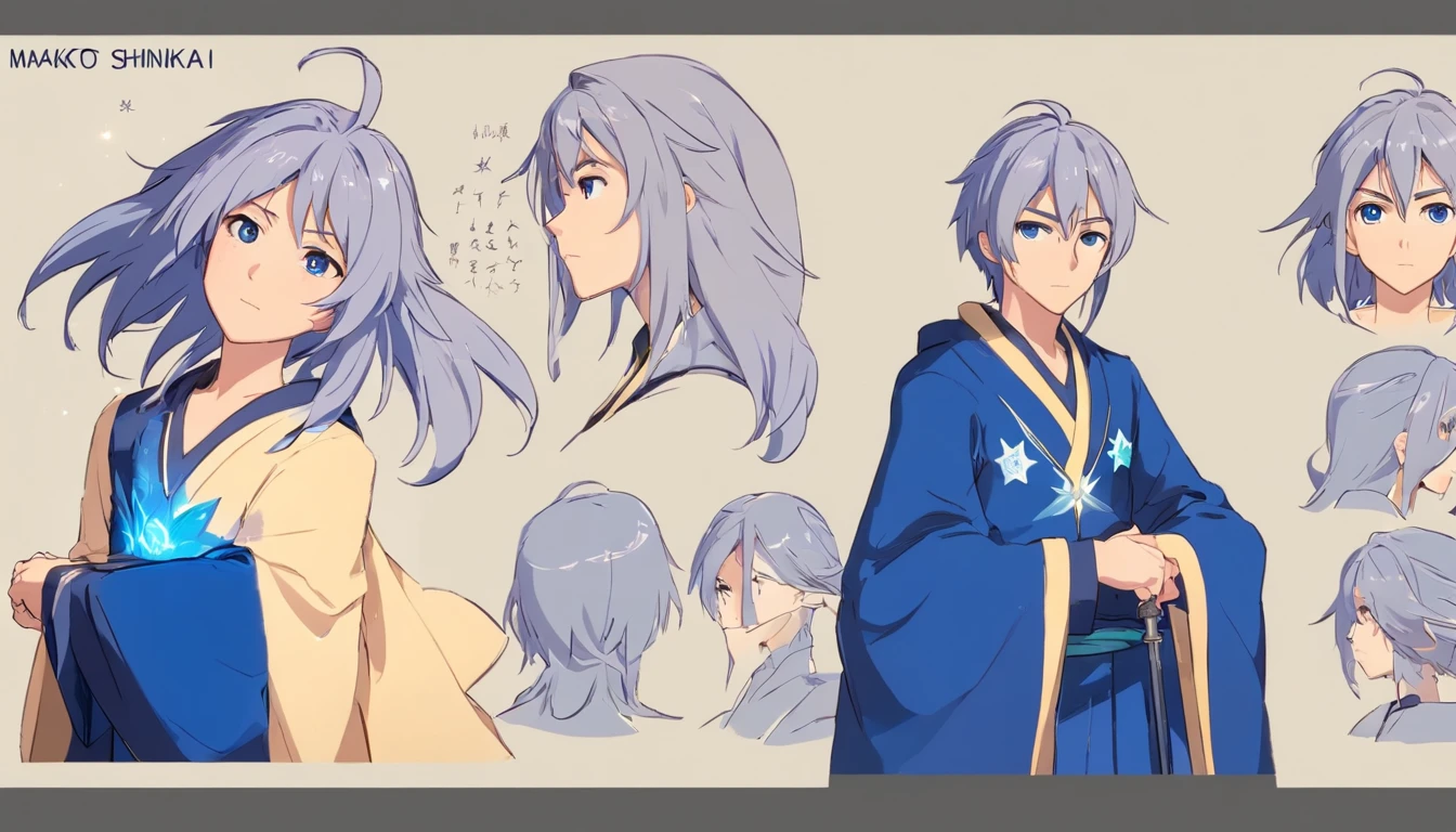 a detailed model sheet for a fantasy character. The character is a young wizard. He has long, silver hair that shimmers like the full moon, deep blue eyes, and a dark blue velvet robe with golden embroidery. He carries a magical staff with engraved runes and has a birthmark in the shape of a star on the left side of his face. The character is tall and slender, with an air of wisdom and power. include various full body poses, facial expressions, and costume details. Ensure that the style is consistent and impressive, as this will be the central character in our comic book