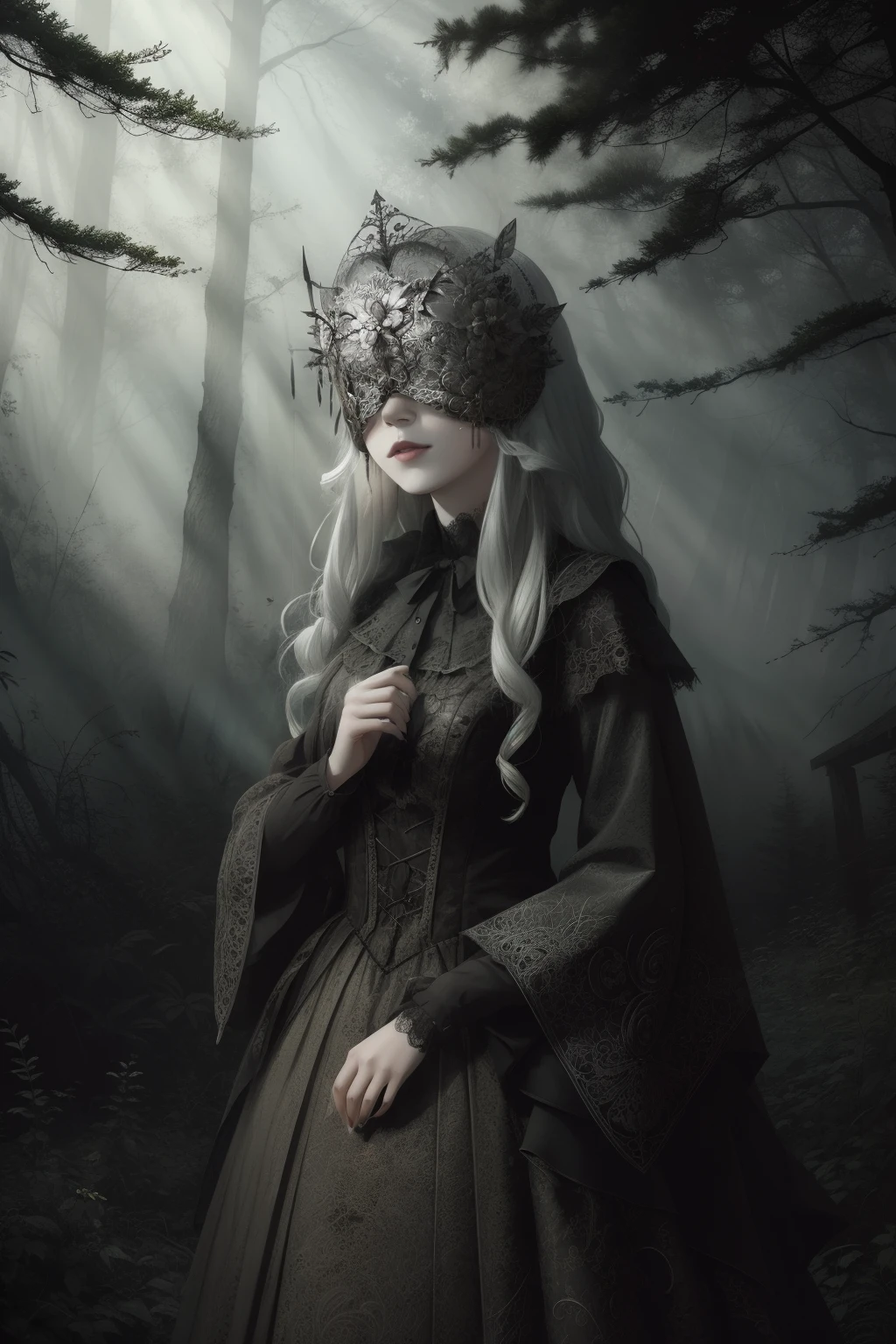 a woman wearing a silver blind mask, gothic dress, lace trim, tone mapped, detailed, highly detailed, digital painting, artstation, concept art, smooth, sharp focus, beautiful illustration, photo, dramatic lighting, god rays, fog, outdoors, dense forest, (natural background), intricate, film grain, professional, taken by a canon eos r5, facing the viewer,