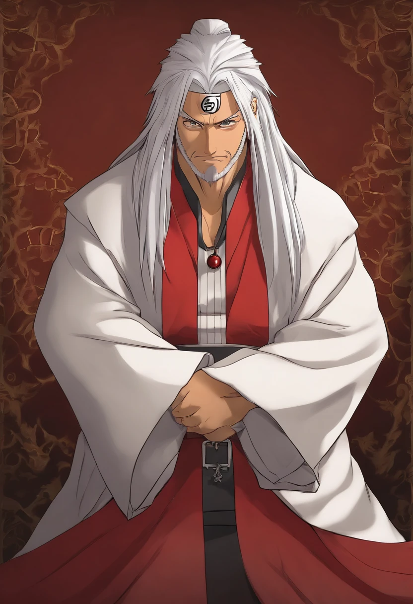 Jiraiya in "Naruto" has long, white, unruly hair, often wearing a red Hokage cloak, showcasing his status as a legendary ninja. He sports a toad-shaped pendant around his neck, symbolizing his affinity with toads and carries a distinctive scroll on his back.