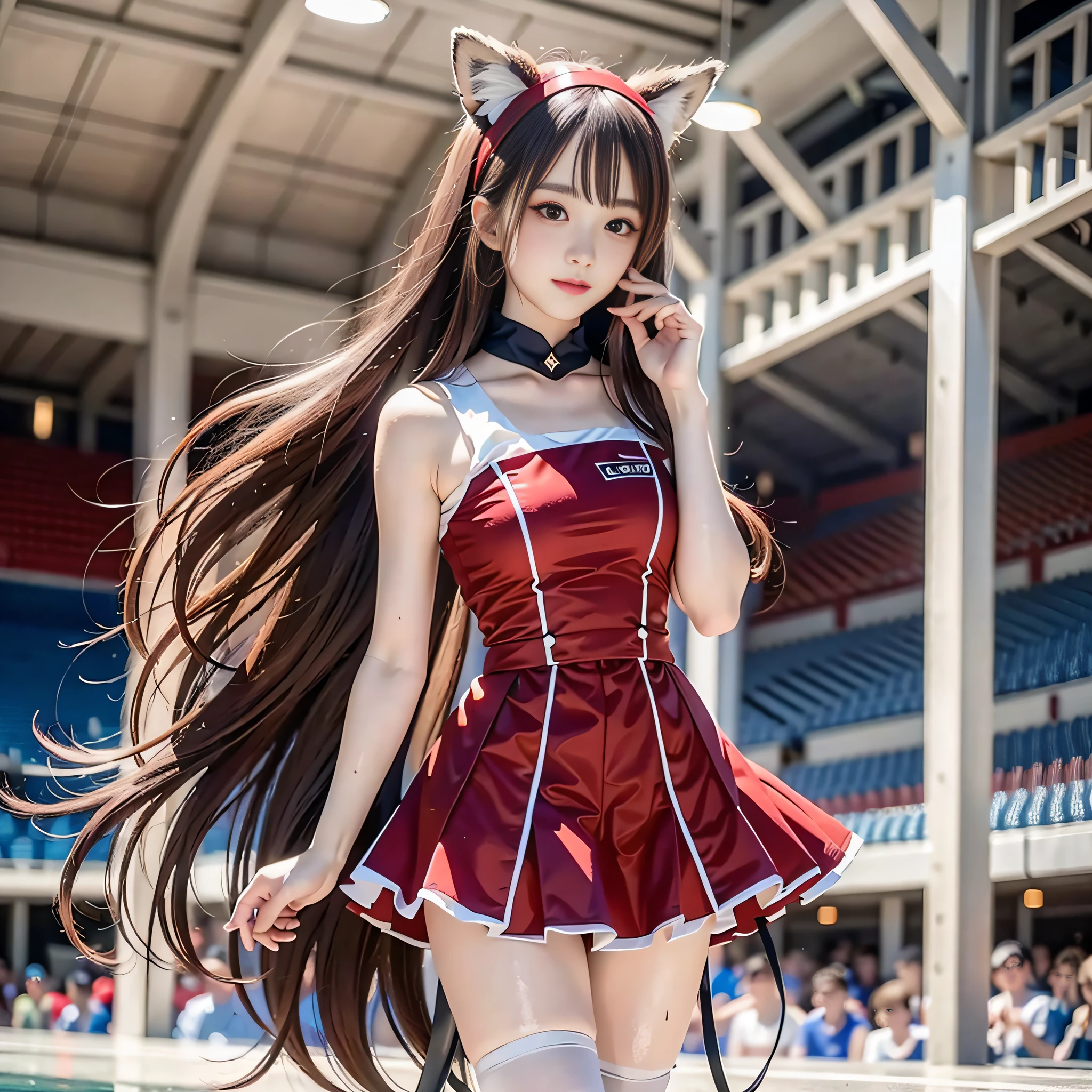 (8k, masterpiece, highest quality, high resolution, photorealistic), (1girl), inside the stadium, cheerleader, (body wet with sweat, face wet with sweat: 1.3): 0.2, medium breasts, beautiful thighs, ruffled miniskirt, knee-high boots, beautiful Japan woman of 20 years old, very detailed face, double eyelids, makeup, lip gloss, super densely drawn body, Ultra-dense arms, ultra-dense hands, ultra-dense feet, face focused, standing, small face, full body from a little distance, sharp focus, looking forward, bright lighting on face, wearing a garter belt, fox ear headband, toned hips, small face