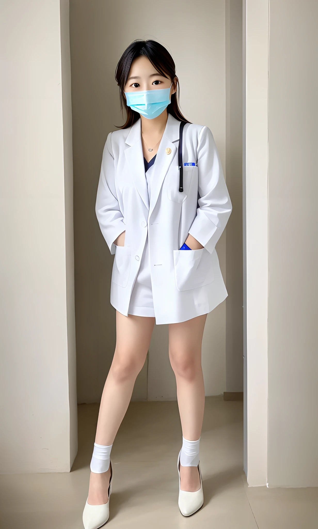 Woman in white frosted suit wearing mask, wearing white nurse uniform, healthcare worker, Wear a nurse's uniform in the hospital, Sit tight,(((Stand in the waiting room, Stand dignified))),Portrait of a nurse, Beautiful nurse, resting after a hard mission, BREAK BREAK BREAK, The woman was standing, doctor, resting after a hard fight,messy shortt hair,Messy hair,Rounded and well-proportioned legs,Smooth black stockings:1.5,Stiletto sandals:1.2,Glowing white tender toes,((Stand dignified:1.5)),fully body photo