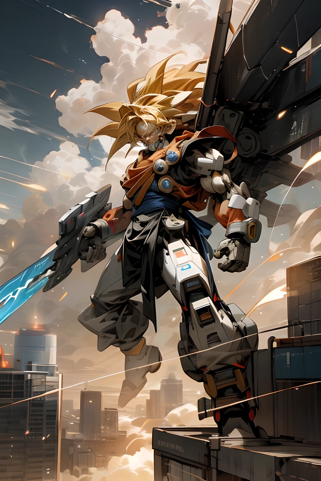 Solo character, full body version, man, very big muscle, yellow eyes, gray color hair, short Curly haircut, round eyes, topless, black cargo pants, white boots, white background, standing battle gesture, Large mechanical arm, robotic, Metallic, angry eyes, open mouth, angry, smoke effect, bazooka robot in hand, fire, field, electricity, lightning strikes, glowing eyes, very angry, detailed background, detailed clothing, detailed hair, detailed face, (dragon ball style art)