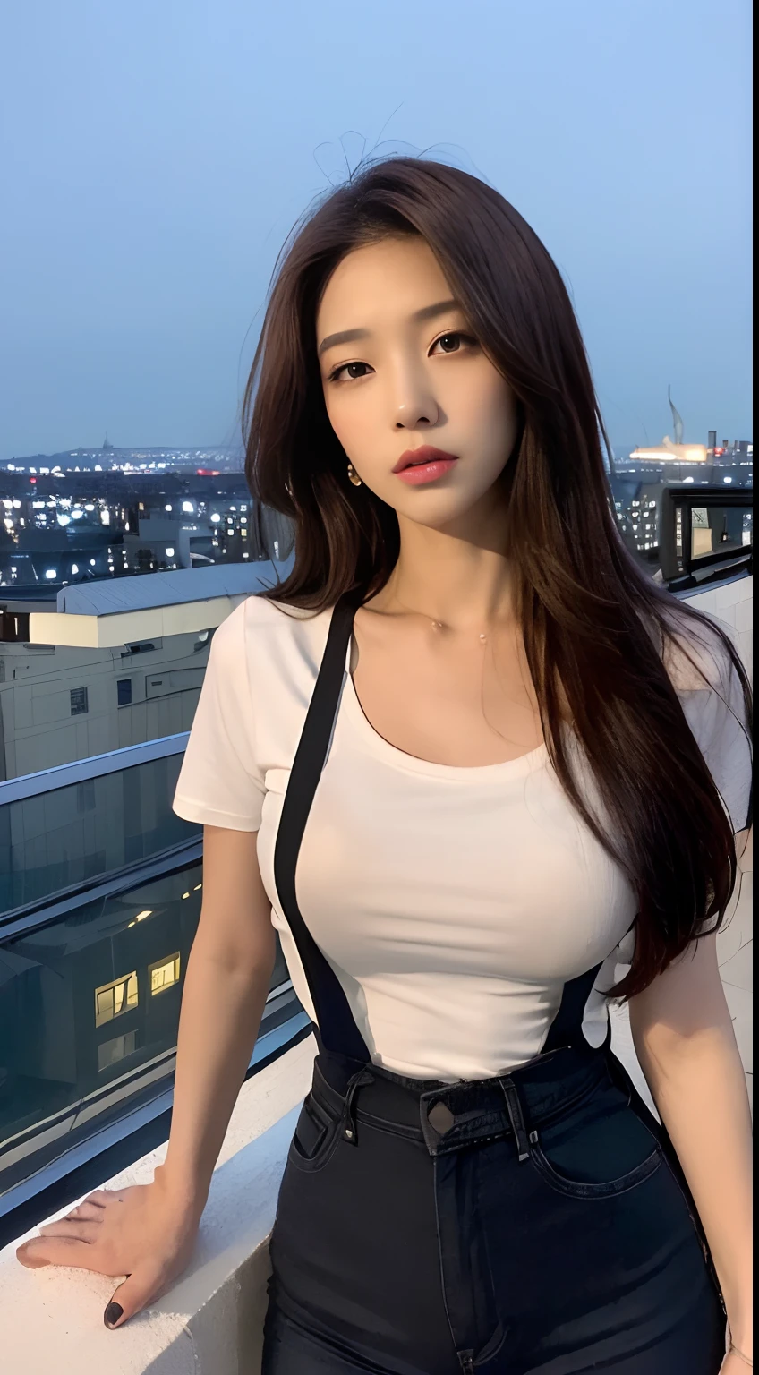 ((Midnight, Best quality, 8k, Masterpiece :1.3)), Whole body, Long legs, (Sharp focus :1.2), (A pretty woman with perfect figure :1.4), (Slender abs :1.1), ((Dark brown hair, Big breasts :1.2)), (White tight tshirt, Jean bib, Standing:1.2), ((Night city view, Rooftop:1.3)), Highly detailed face and skin texture, Detailed eyes, Double eyelid,( brokeh:1.2), looking at viewer