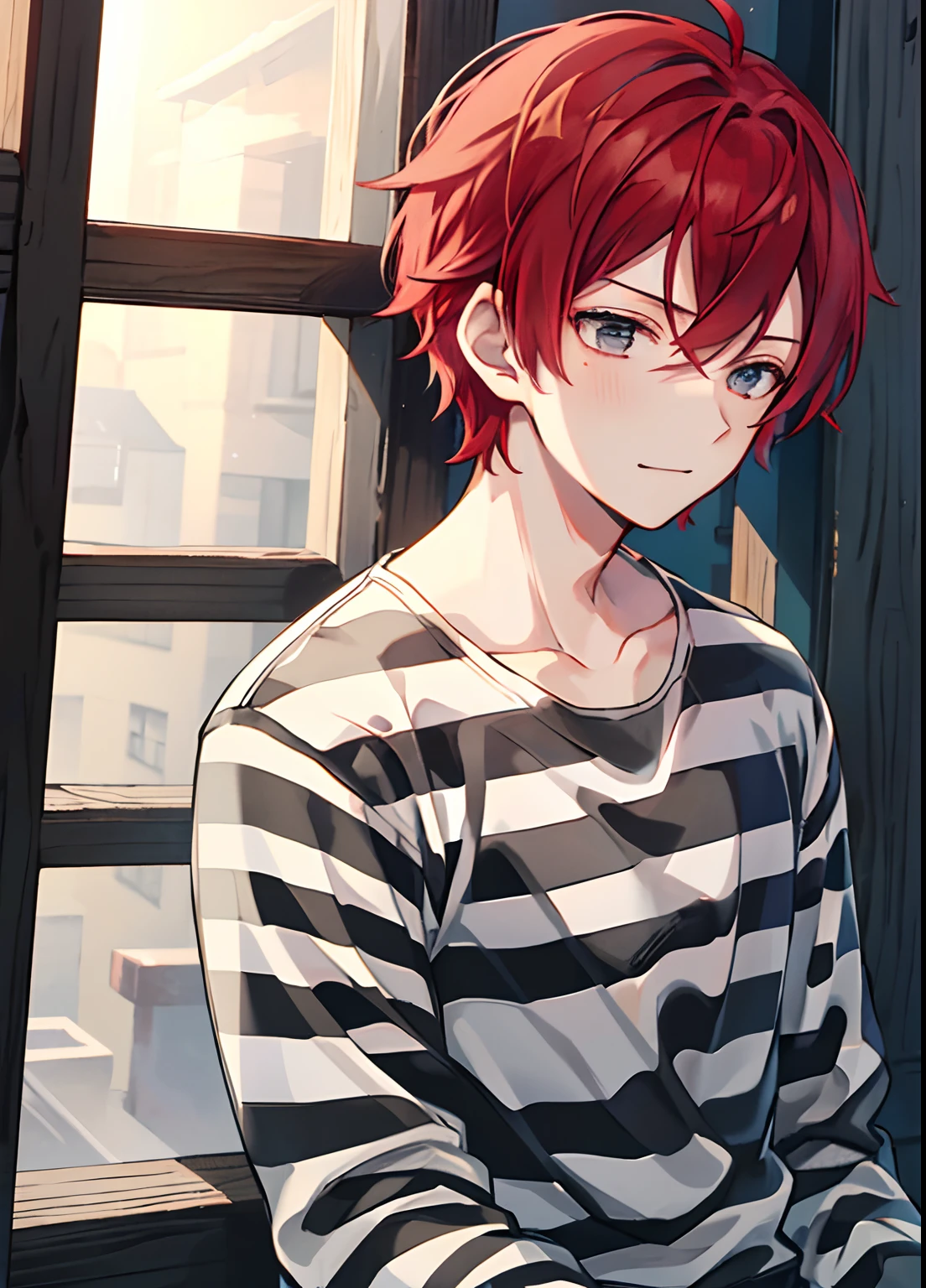 1boy, Handsome man,  Solo,Very short red hair, red hair, up looking_で_viewer, ((masutepiece,Best Quality)), Beautiful detailed eyes, beautifull detailed face、Sleepy face、sleepy expression、A slight smile, (((priclothes))), (((striped clothes))), shirt, outfit, (long sleeves), prisoner, clothes, clothing, black and white stripes, prison cell, young