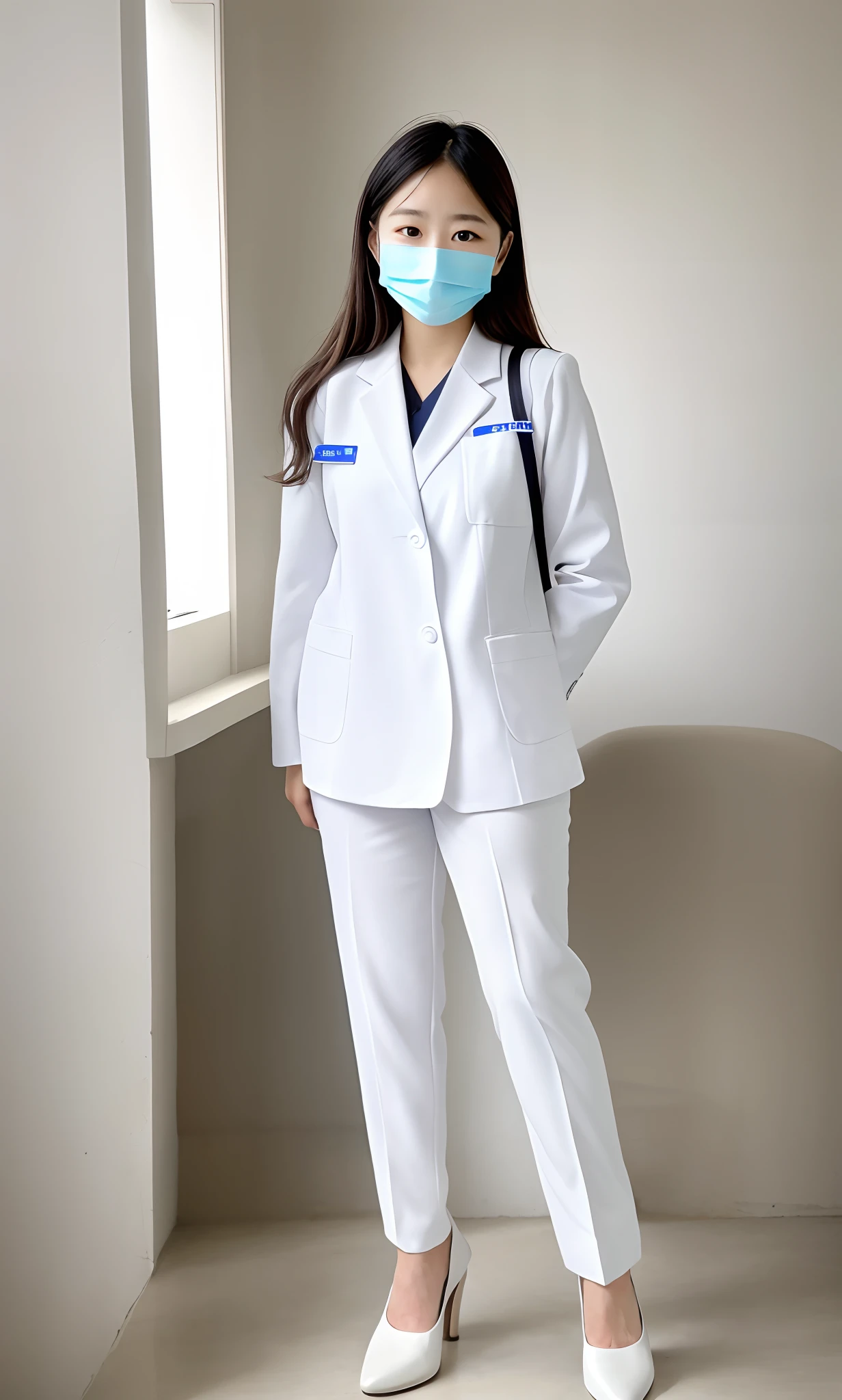 Woman in white frosted suit wearing mask, wearing white nurse uniform, healthcare worker, Wear a nurse's uniform in the hospital, Sit tight,（（（Stand in the waiting room,  Stand dignified））），Portrait of a nurse, Beautiful nurse， resting after a hard mission, BREAK BREAK BREAK, The woman was standing, doctor, resting after a hard fight，messy shortt hair，Messy hair，Rounded and well-proportioned legs，Smooth black stockings:1.5，Stiletto sandals:1.2，Glowing white tender toes，（（Stand dignified:1.5）），fully body photo