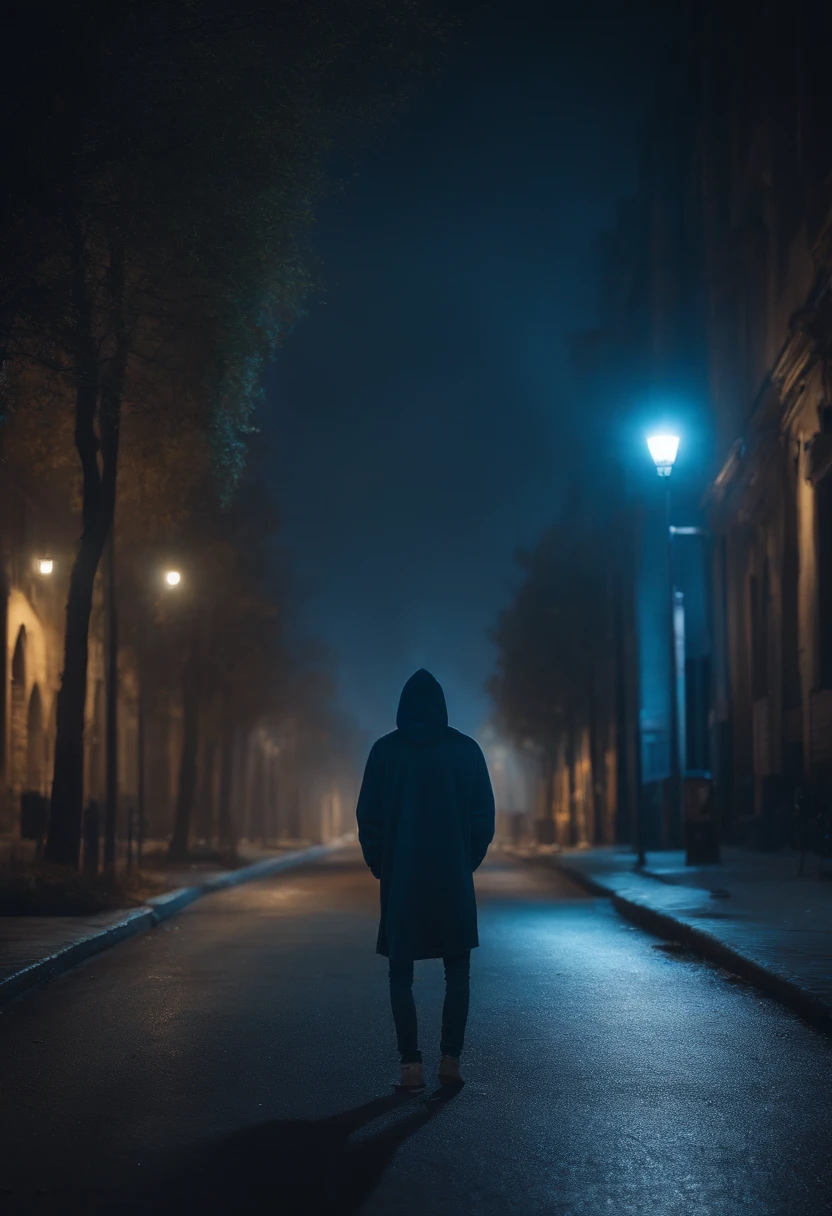 Man wearing hoodie , night theme , standing alone in a lonely street , with blue light , 4k realistic image, no buildings , only trees