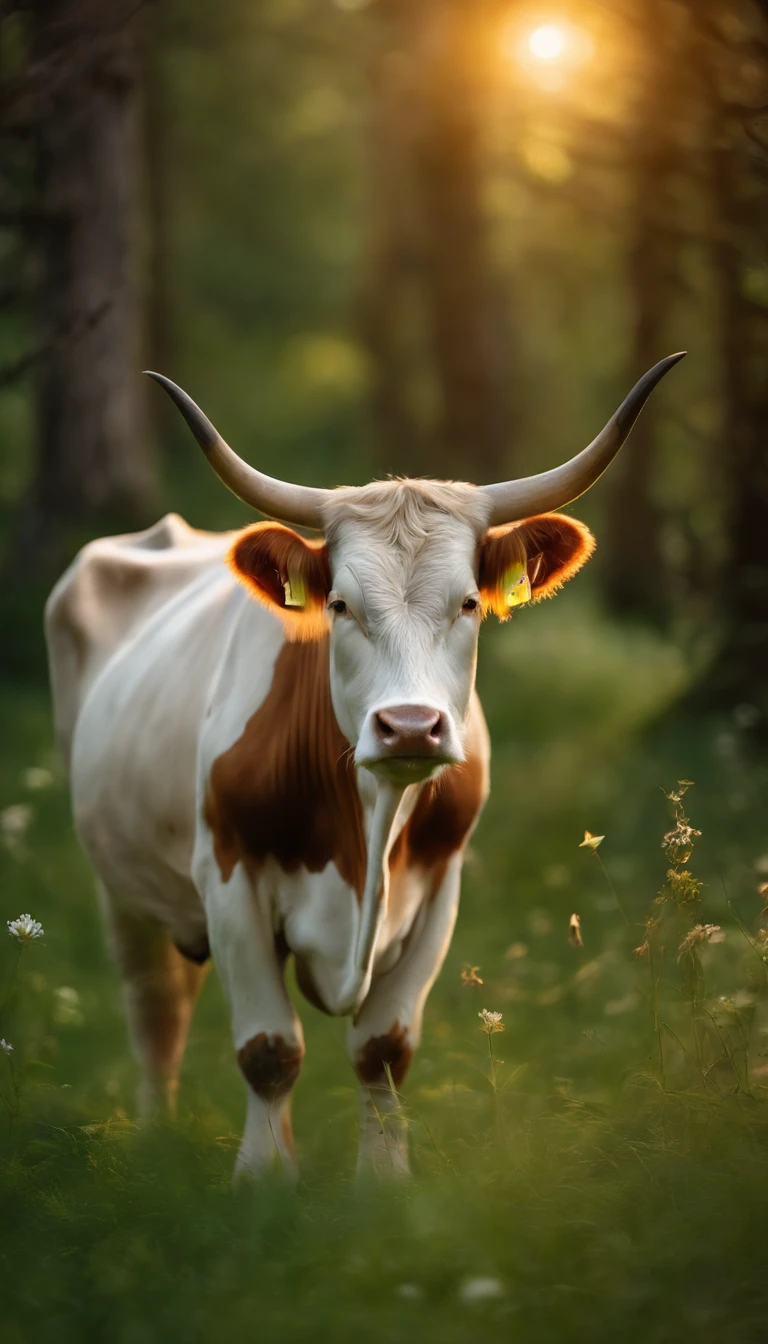 Cows in the zodiac,Horns are stout,Pure brown hair。There is the aura of the Holy Spirit on his body,Surrounded by fairy mist,On green grass,strong,Standing tall,mito,fantasy,Very mysterious。Meadows in Wonderland,There are many fairy palaces