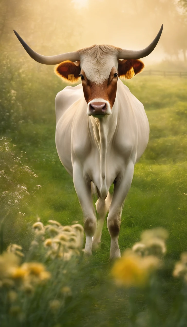 Cows in the zodiac,Horns are stout,Pure brown hair。There is the aura of the Holy Spirit on his body,Surrounded by fairy mist,On green grass,strong,Standing tall,mito,fantasy,Very mysterious。Meadows in Wonderland,There are many fairy palaces