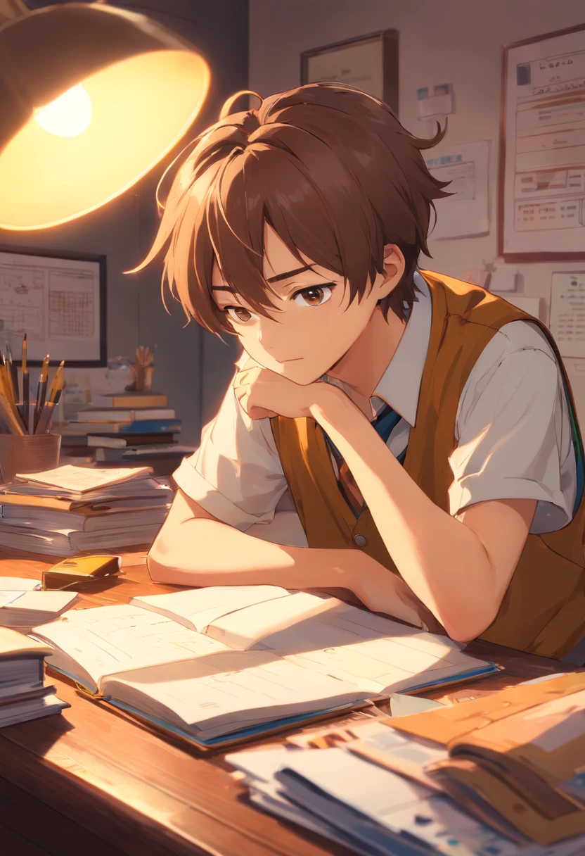 An 18-year-old boy in a golden-brown vest leans back against his desk，The dim light of the desk lamp shone on his face，Tired fell asleep，high high quality, Clear focus (Chaos - house books: 0.8), (tmasterpiece: 1.2) (realisticlying: 1.2) Bokeh(best qualityer) (Detailed skins: 1.3) (intricately details) (8K) (eye detailed) (foco nítido), (having fun) (a variety of poses) desenho