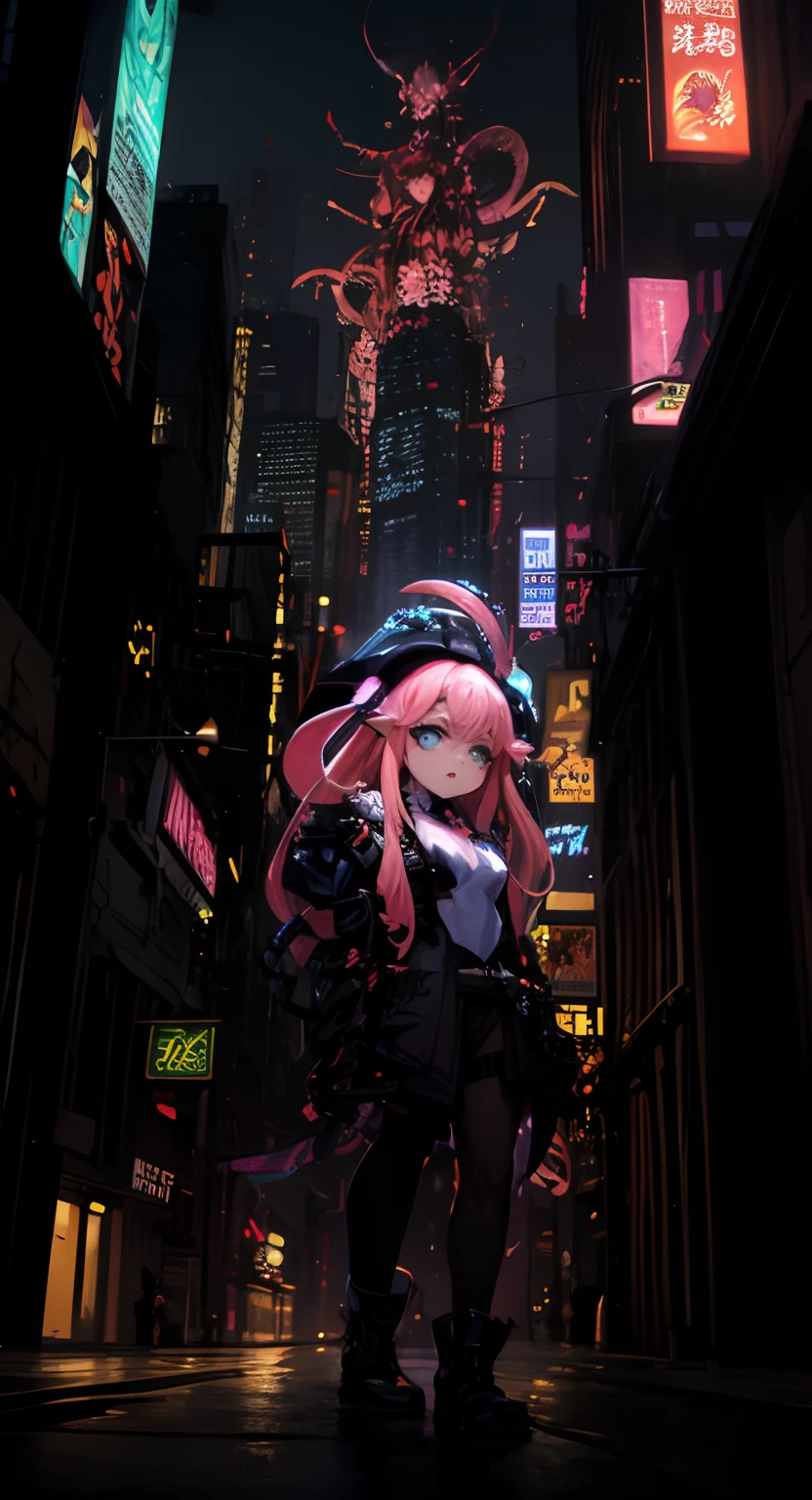 Anime characters in the night city with neon lights, Digital Cyberpunk Anime Art, Stylized anime, tentacles around, Fine details. Anime. tentacles, digital cyberpunk - anime art, anime cyberpunk art, humanoid pink female squid girl, cyberpunk medusa, inspired by Ross Tran, wlop and krenz cushart, ross tran style