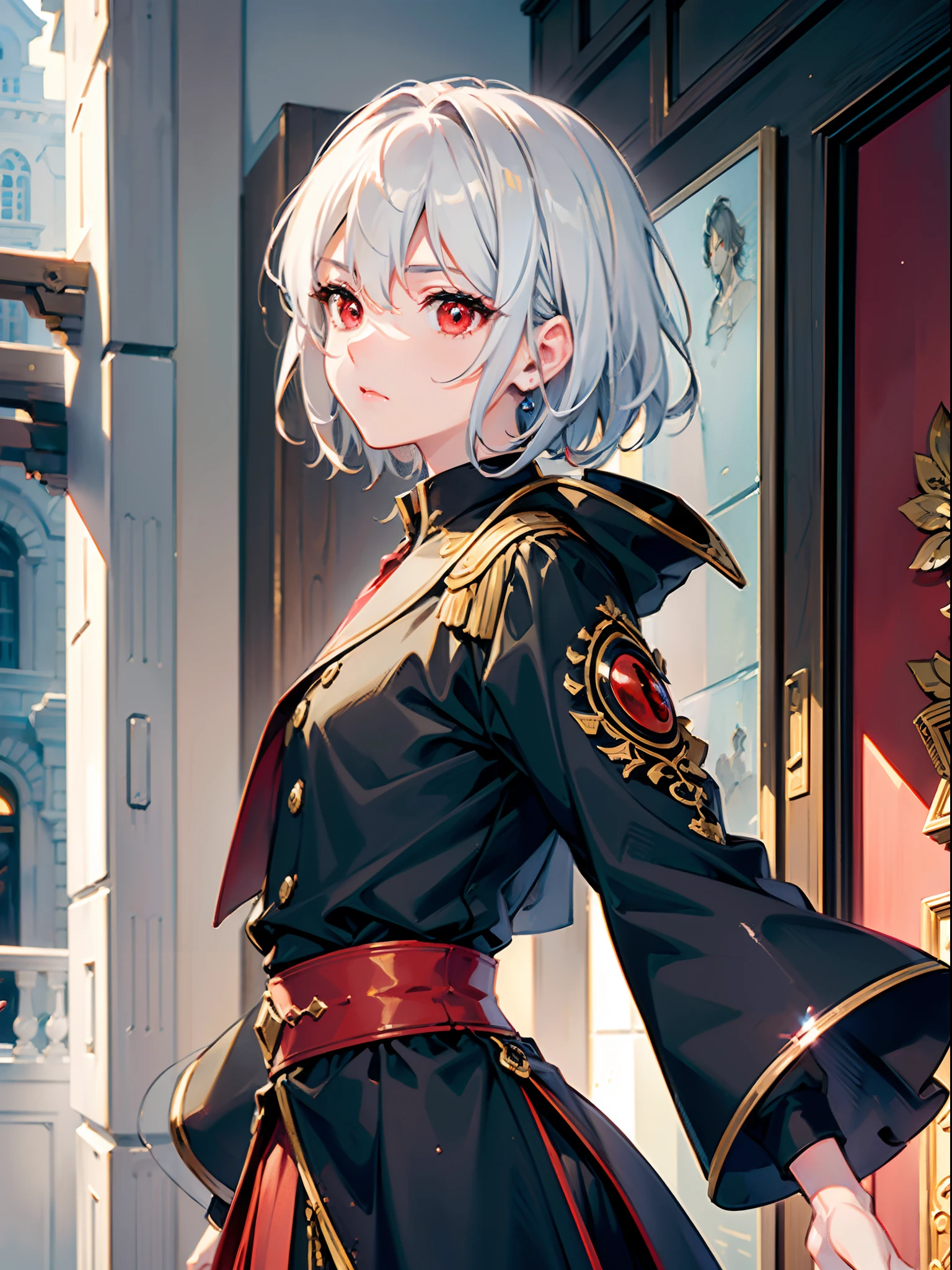 (masutepiece:1.2, Best Quality), (finely detailed beautiful eye: 1.2), ((1boy)), (Red Eyes:1.4), (finely detailed  eyes and detailed face:1.3), ((Short gray hair boy)), (beautiful and clear background:1.2), (extremely details CG, Ultra-detailed, Best Shadow:1.1), ((depth of fields)), ((watercolor paiting)), beautiful concept illustration, (Orange background:0.5), (Illustration:1.1), (extremely fine and beautiful:1.1), (perfect  detail:1.1), from the front side, Cowboy Shot, Scenery