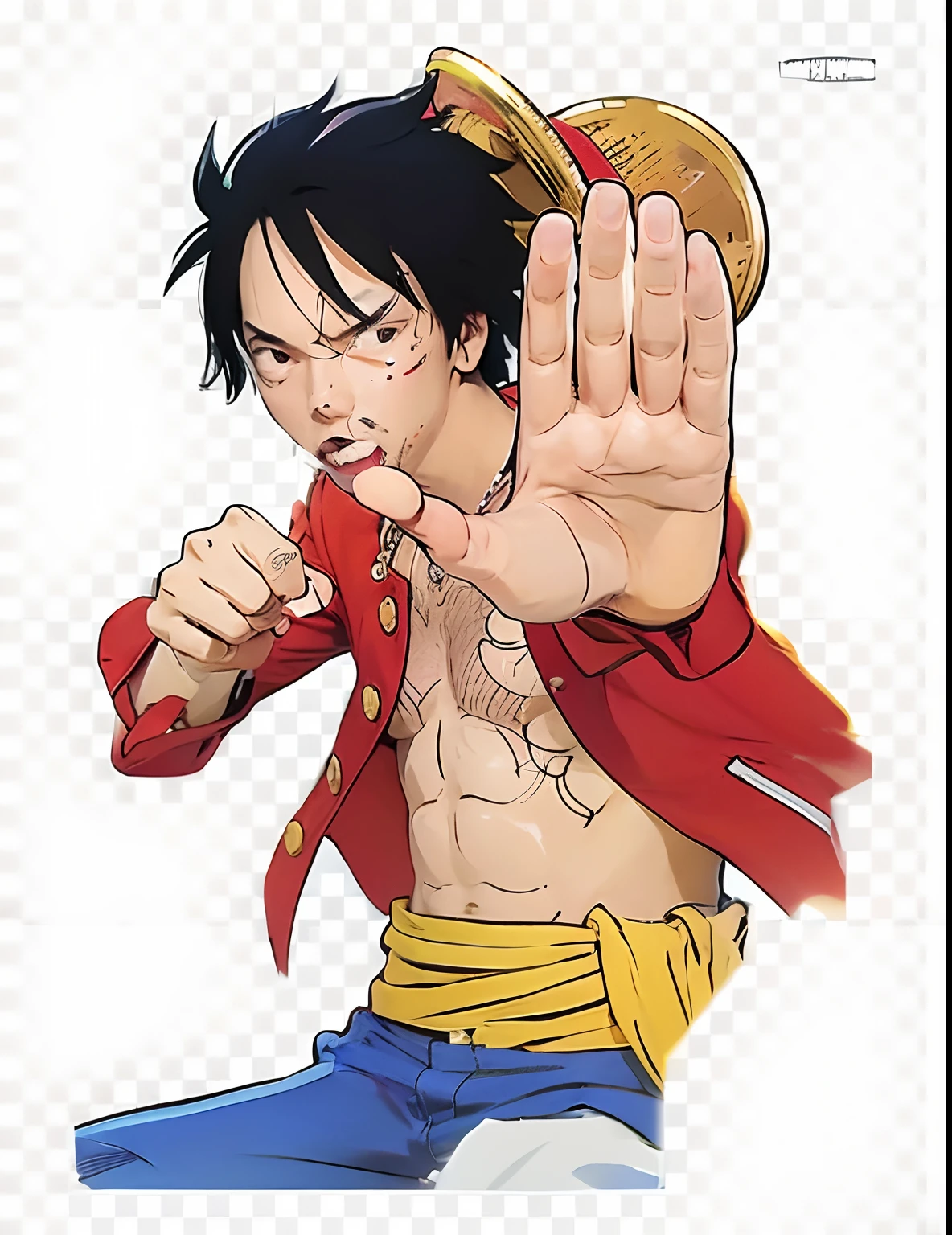 Capture the essence of youth and style in a realistic professional and marketing photoshoot. A boy with sleek black hair exudes confidence, sporting a vibrant red jacket that pops against his yellow belt and complementing blue pants. Showcase his fashion-forward look with impeccable lighting and attention to detail.