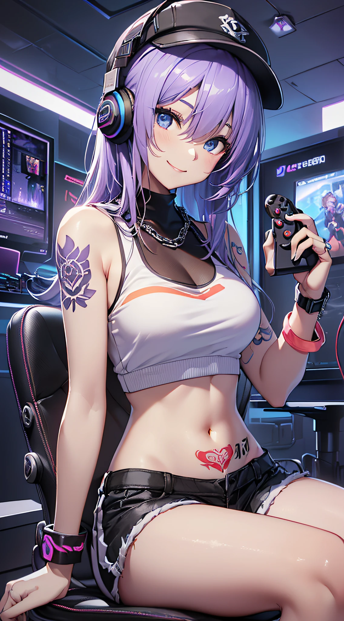 top-quality、Top image quality、masterpiece、girl with((18year old、Cool hat、Tattoo on the right shoulder、Black Navel Tank Top、White shorts、Best Bust、Bust 85、Purple hair、Longhaire、Blue eyes、open chest wide、Happiness、Chain Accessories、Black wristband on wrist、sit a chair、A slender、A smile、Have a controller、Sexy Shots、gaming headphone、Leaning forward to your audience))hiquality、visualart、Magazine cover style、Background with((Neon colored room、Gaming PC、Gaming Desk、Gaming Chair、Gaming bed、gaming console、atmosphere of night))、masutepiece、Depth(ciber)